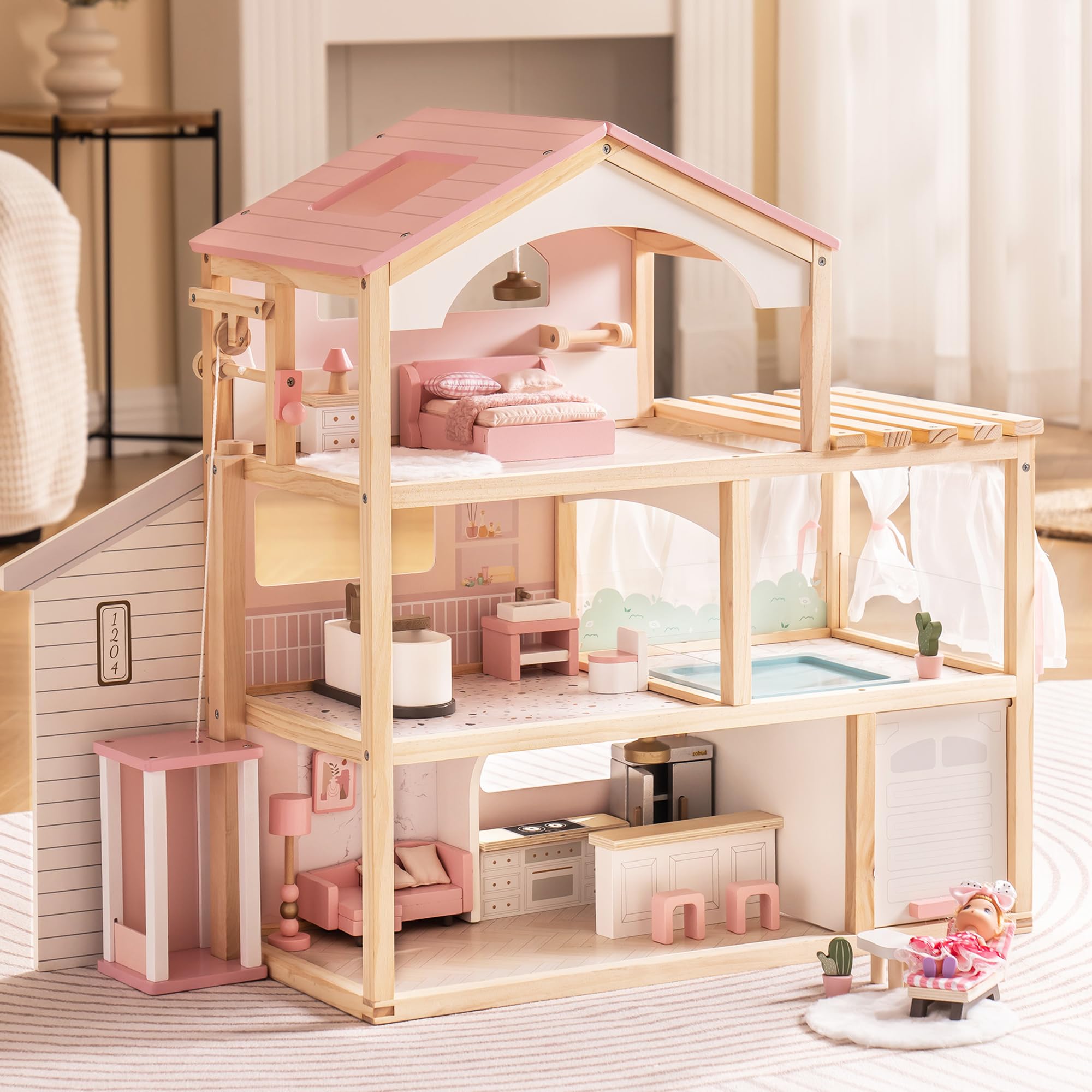 Maison de Poupée en Bois ROBUD avec Meubles et Piscine - Jouet Éducatif pour Enfants