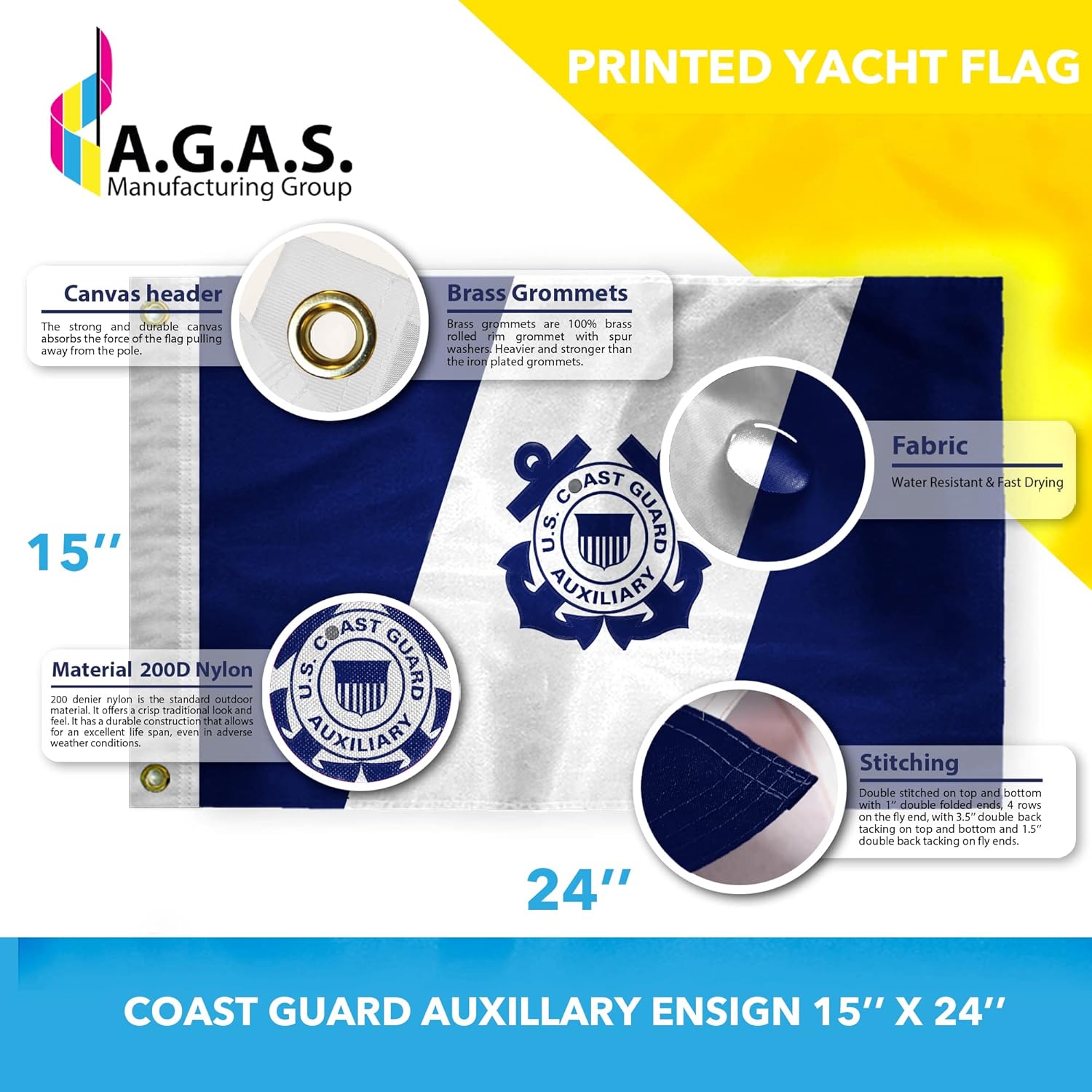 AGAS Coast Guard Auxiliary Ensigns Flag - 15 x 24 Inch - Printed 200D Nylon - Stitched Edges - Brass Grommets Canvas Heading.