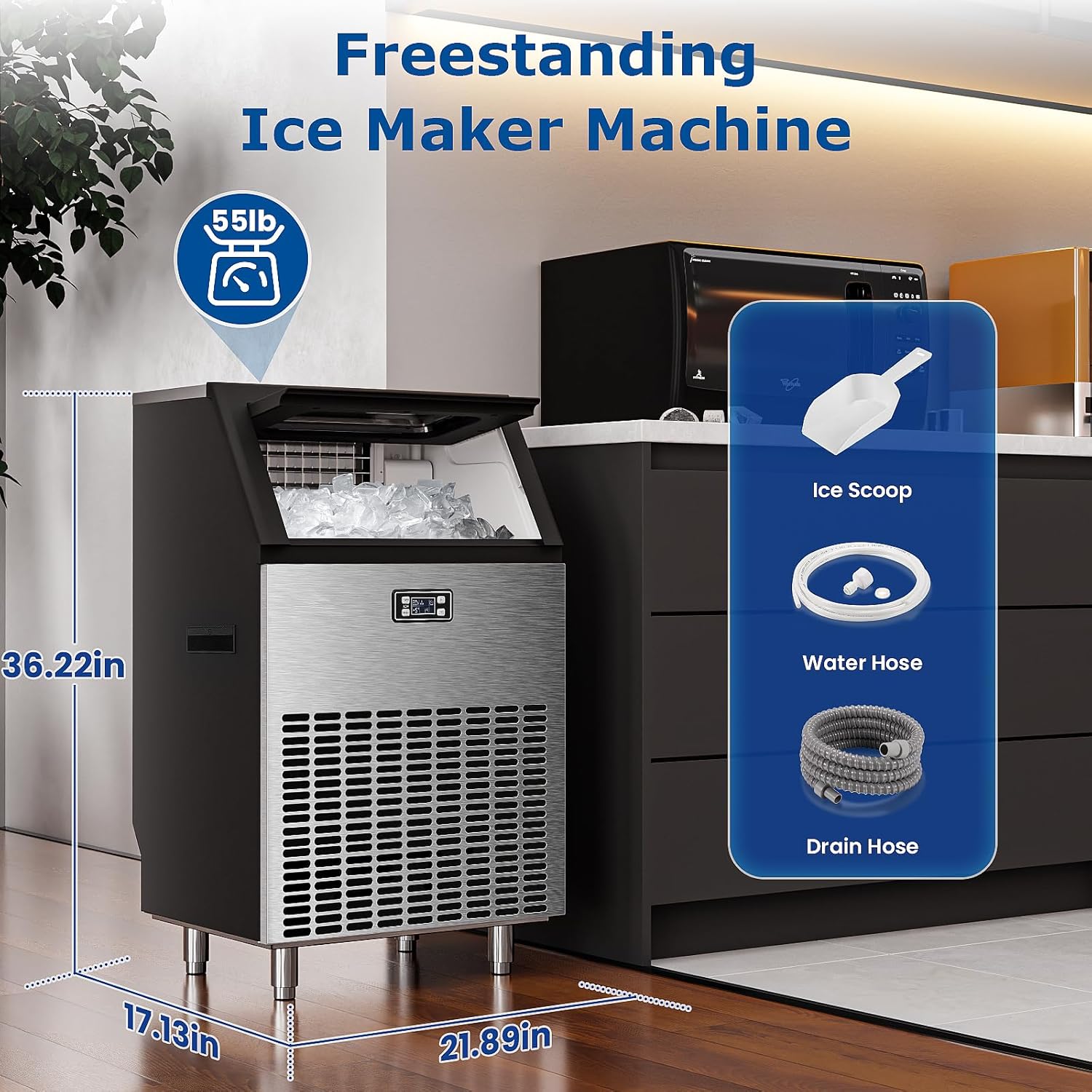WAA Commercial Ice Maker 200Lbs/24Hr, Stainless Steel Undercounter Ice Machine with Self-Cleaning & 48Lbs Storage, for Restaurant/Office/Bar/Home Use