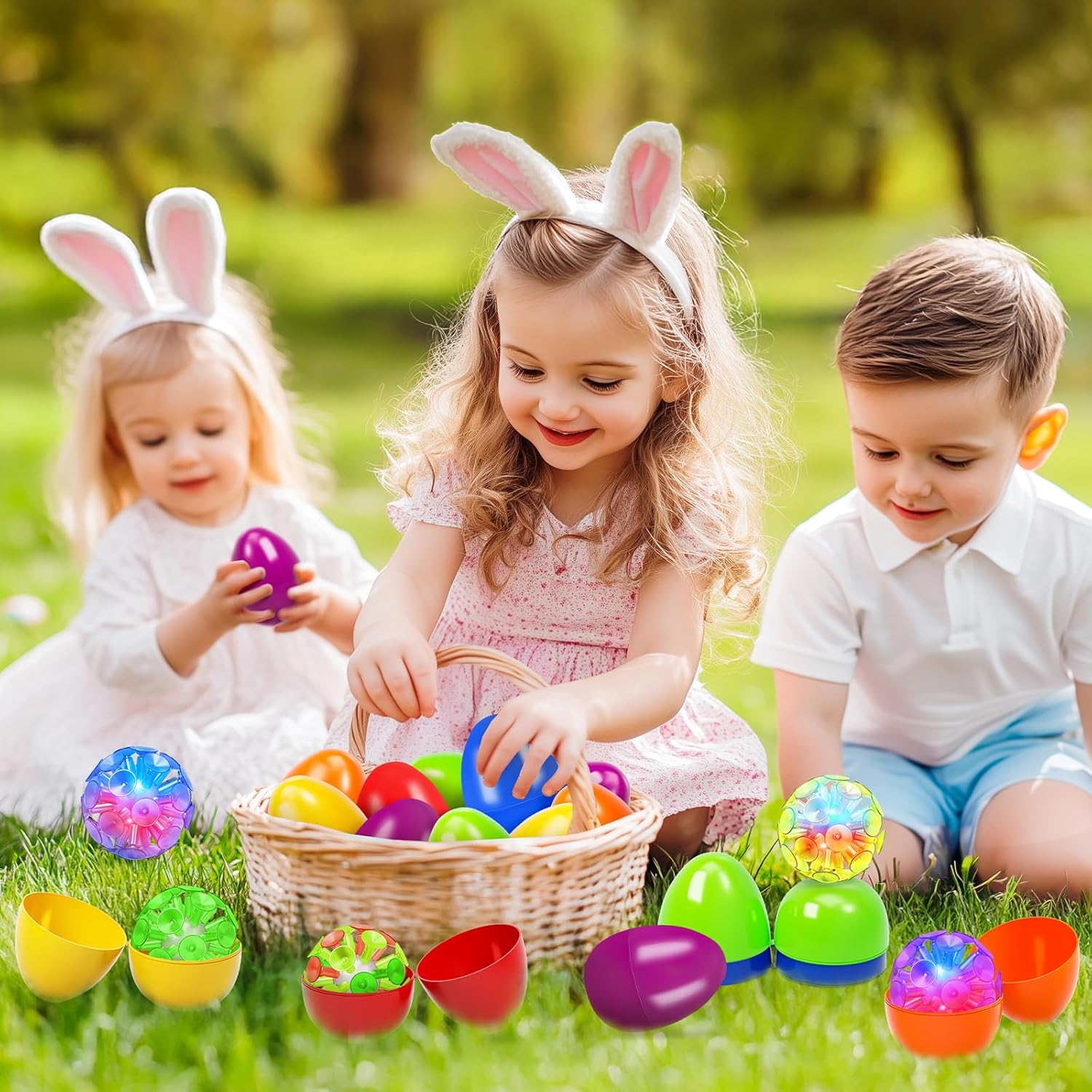 6 Pack Filled Easter Eggs with Light Up Sunction Cup Balls, Easter Eggs Filled with Fidget Toys for Kids Toddlers Easter Basket Stuffers Essentials , Easter Party Favors Egg Hunt, Classroom Prizes