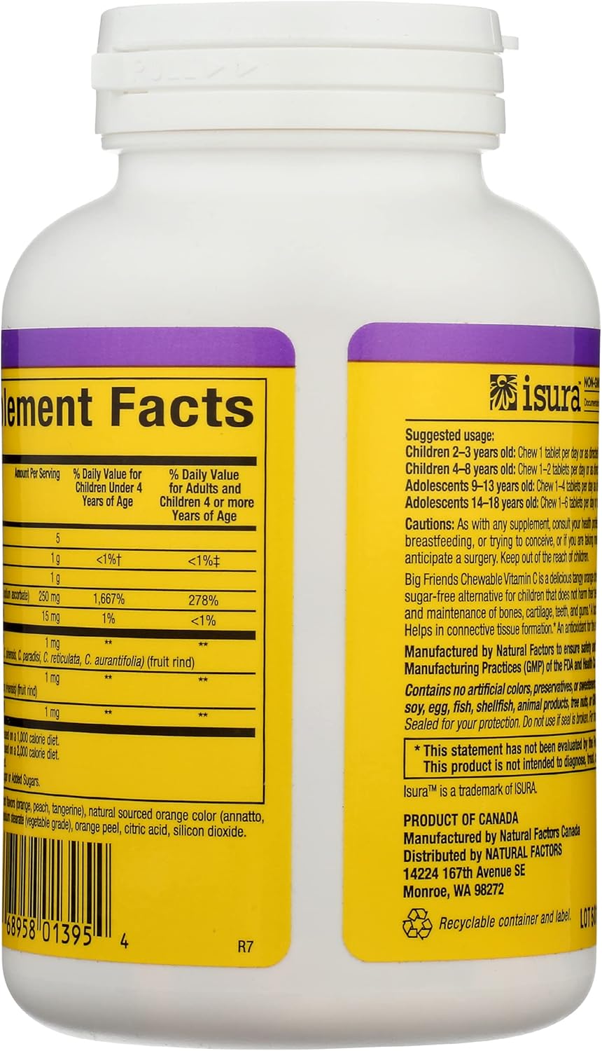 BigFriends by Natural Factors, Chewable Vitamin C 250 mg, Support for Healthy Bones, Teeth and Cartilage, Tangy Orange, 90 tablets (90 servings)