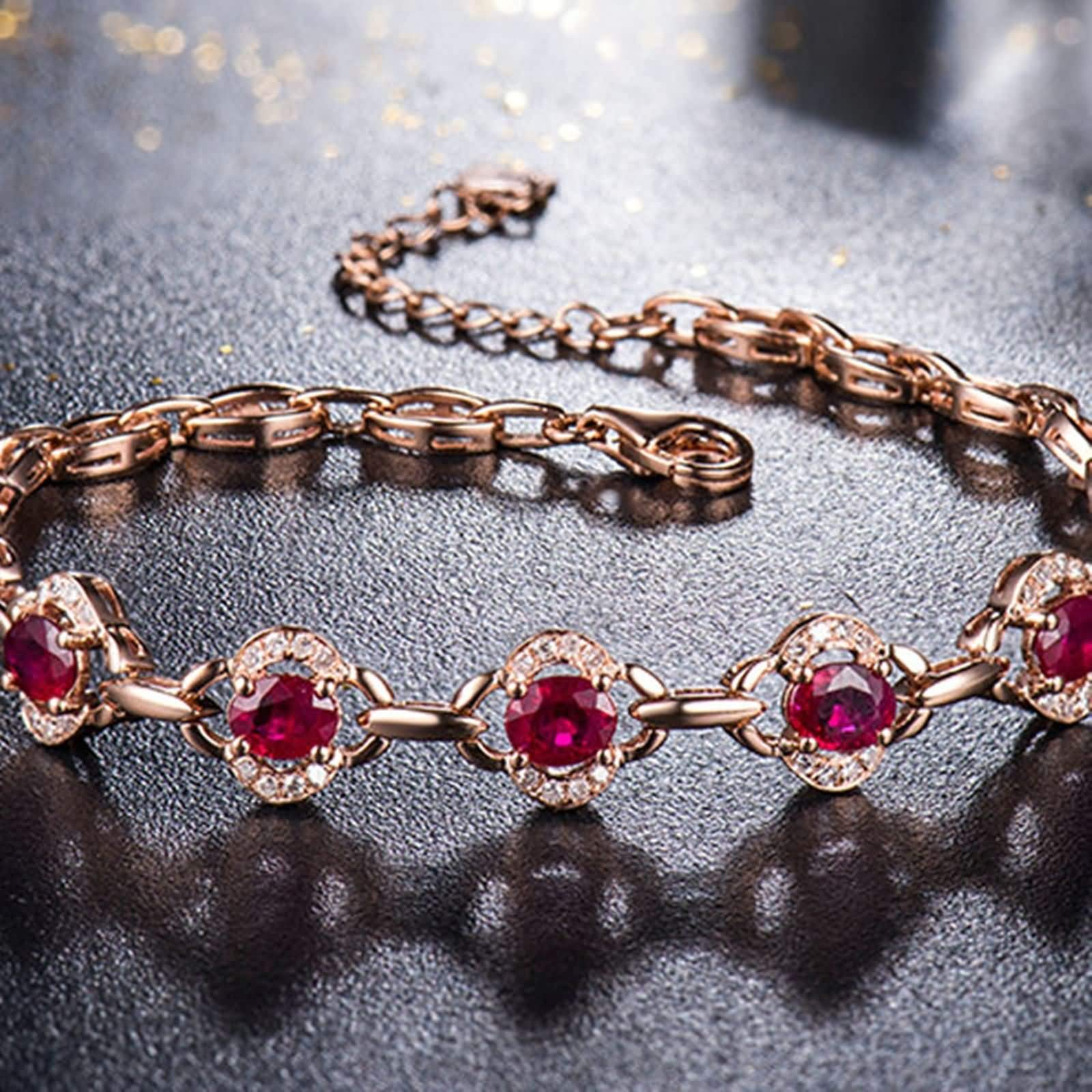 Kette Armband Roségold 9 Karat / 14 Karat / 18 Karat für Damen, Hohlblume und Oval mit Erstellter Rubin 1,26 Karat und Diamant, 16 CM + 5 CM Verlängerung, Rosegold Armband Damen