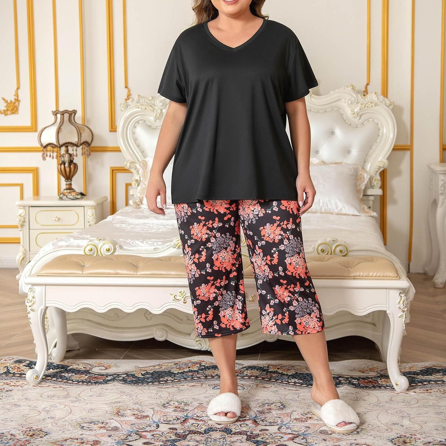 レディース パジャマセット 半袖トップス カプリパンツ スリープウェア プラス94