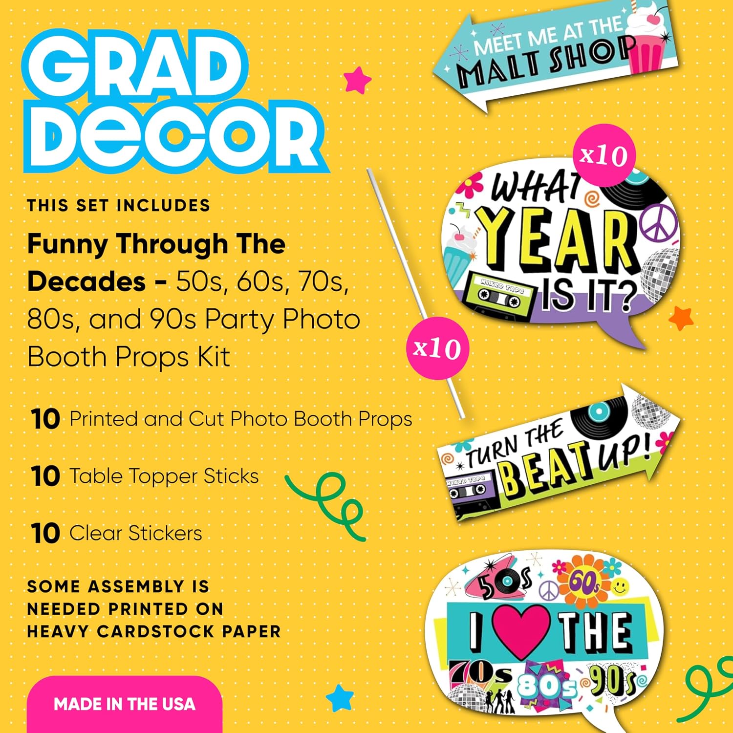 Funny Through The Decades 50s-90s Photo Booth Prop Kit, DIY Setup - 10pc