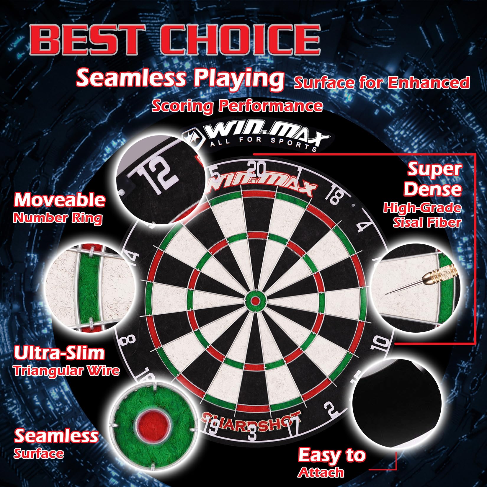 WIN.MAX Dartscheibe Kork Dartscheibe mit Pfeilen Offizielles Steeldartscheibe Dartscheibe Steeldart Dartscheibe Set 12 Dartpfeile Metallspitze,24 Flights