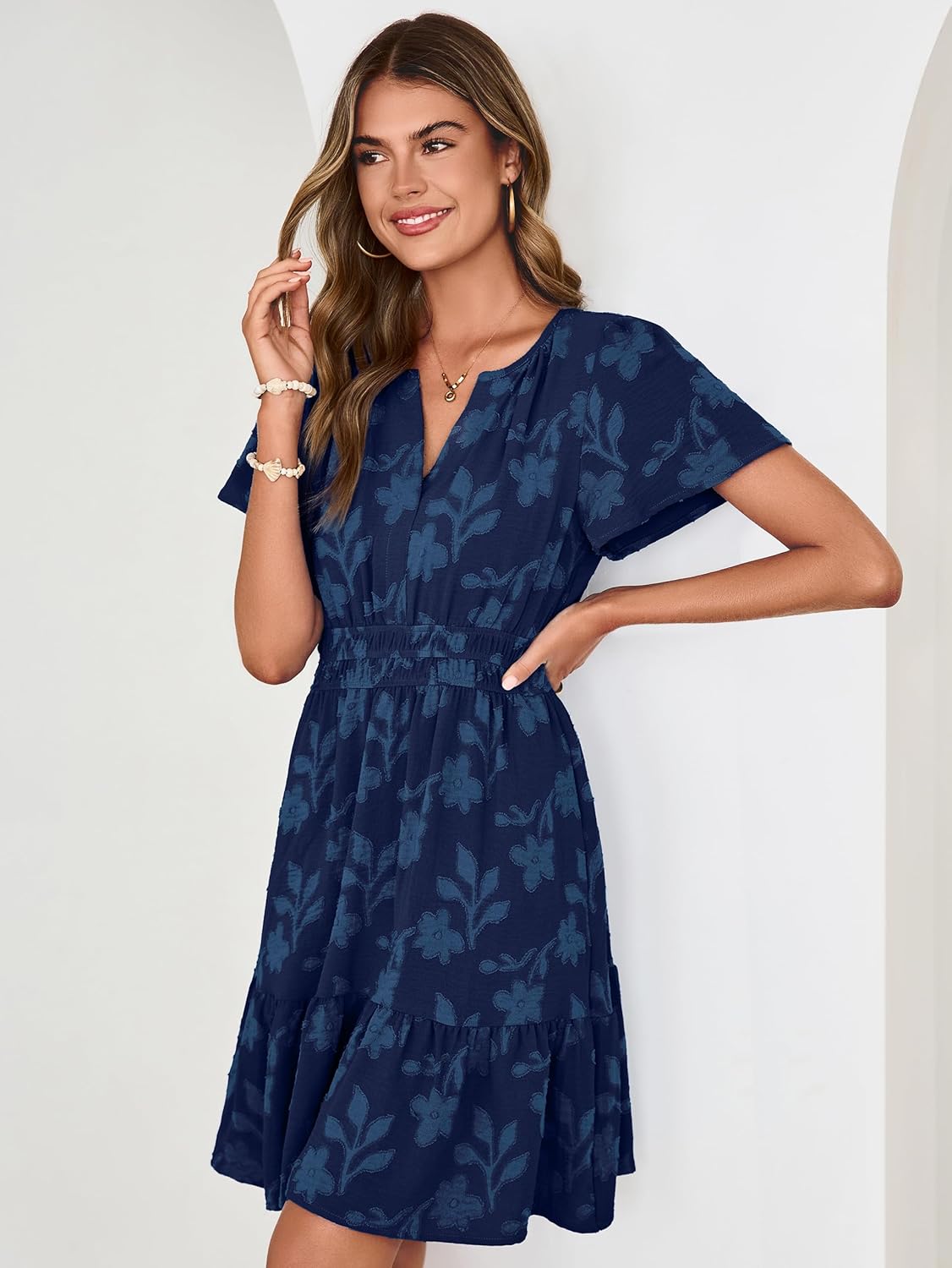 Simplee Womens Summer Floral Dress Casual Short Sleeve V Neck Empire Waist Boho Flowy A Line Mini Wedding Guest Dresses - Image 3