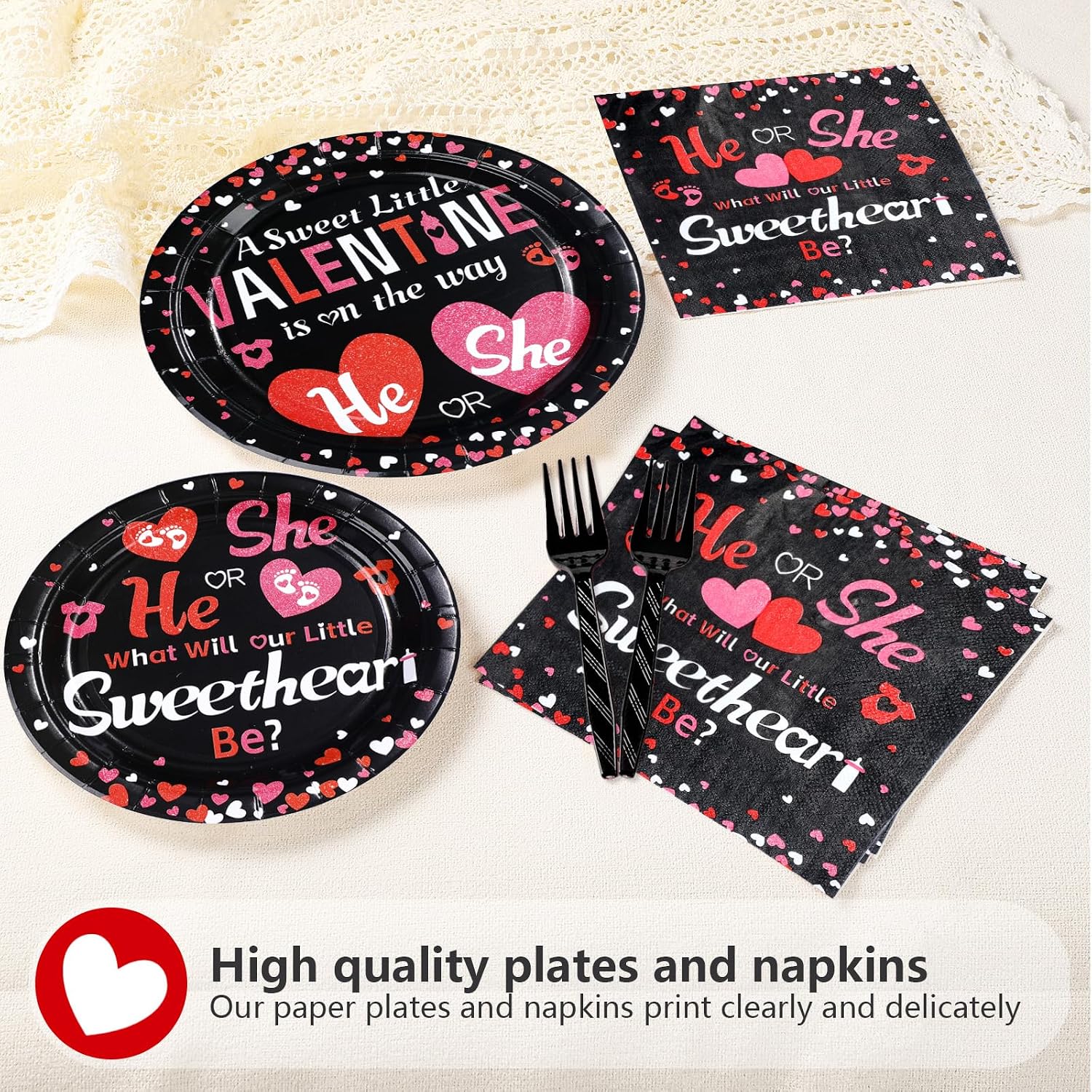 200 Pcs Valentine's Day Gender Reveal Party Decorations He or She Plates and Napkins What Will Our Little Sweet Heart Be Tableware Sets for Valentines Day Baby Shower Party Supplies Serves 50