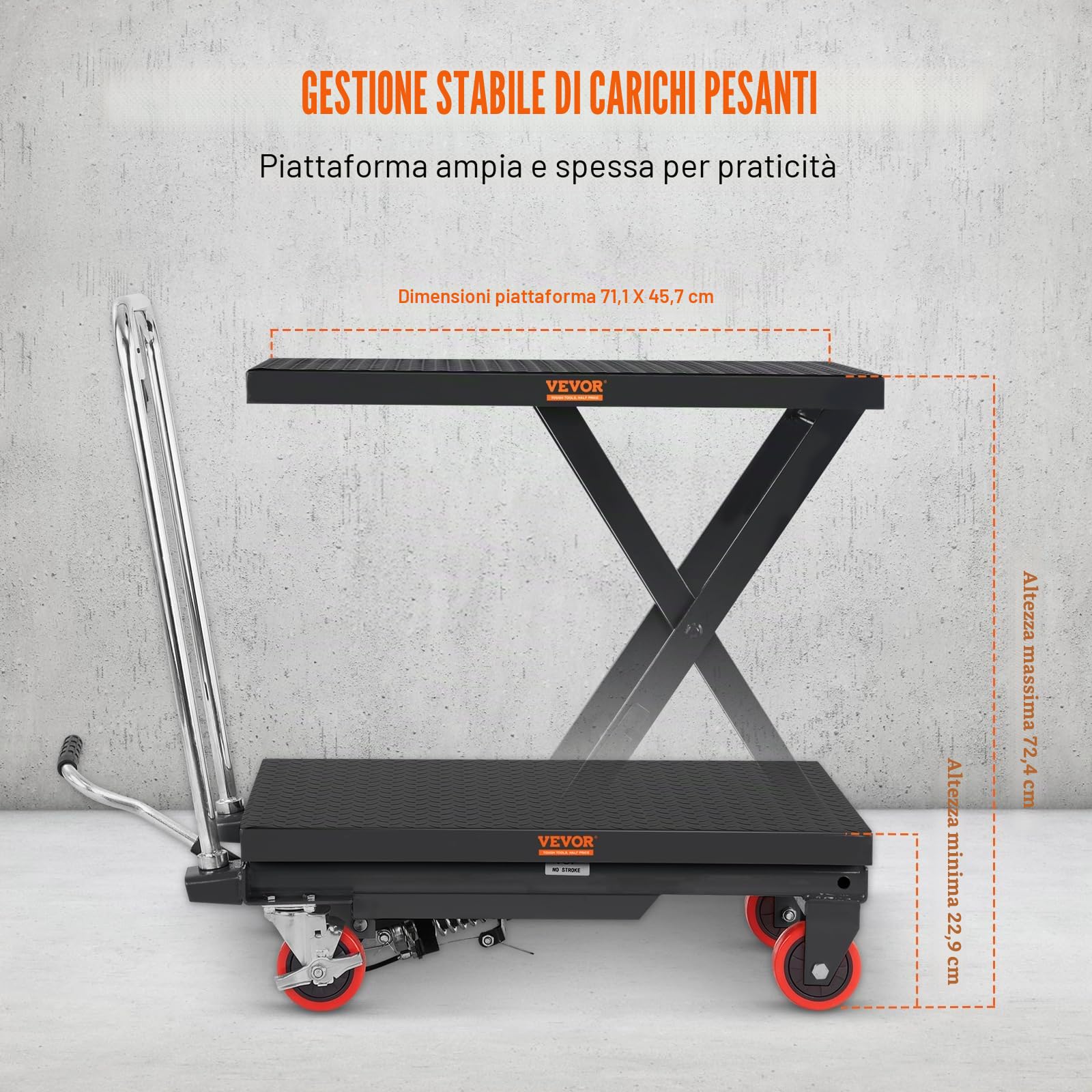 VEVOR Carrello Elevatore Idraulico, Capacità 230kg, Altezza di Sollevamento 220-720 mm, Piattaforma Elevatore Manuale a Forbice Singola con Cuscinetto Antiscivolo, Carrello Idraulico a Forbice Nero