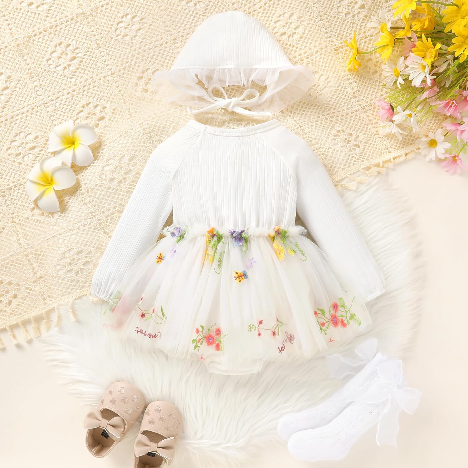 YOUNGER TREE Newborn Baby Girl Romper Dress Outfits Long Sleeve Floral Tutu Bodysuit with Leggings Hat Infant Fall Clothes - Image 3