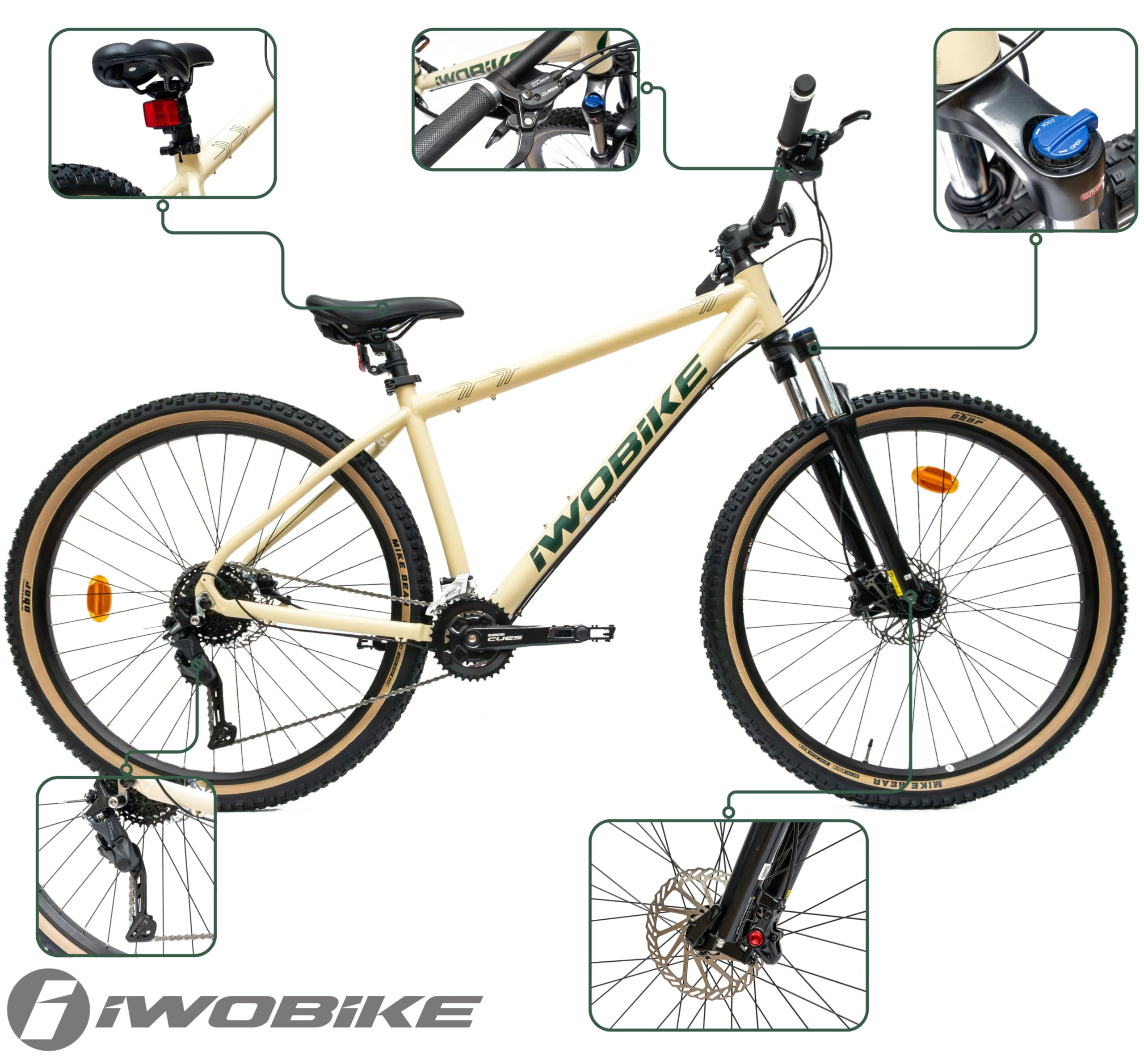 Rower Górski MTB, 29 Cali, Kremowy Mat z Zielonymi Wstawkami | Rower Górski MTB, 29 Cali, Kremowy Mat z Zielonymi Wstawkami, Męski, 18 Biegów, Rama Aluminiowa 18,5", Amortyzacja SR amortyz