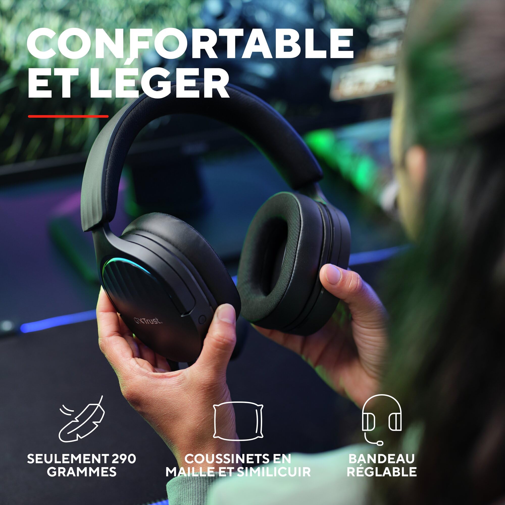 Trust Gaming GXT 490 Fayzo Casque Gaming USB Son Surround 7.1, Pilotes 50mm, Éclairage RGB, 85% Plastiques Recyclés, Casque Gamer Filaire Over-Ear pour PC PS5, Microphone Antibruit - Noir