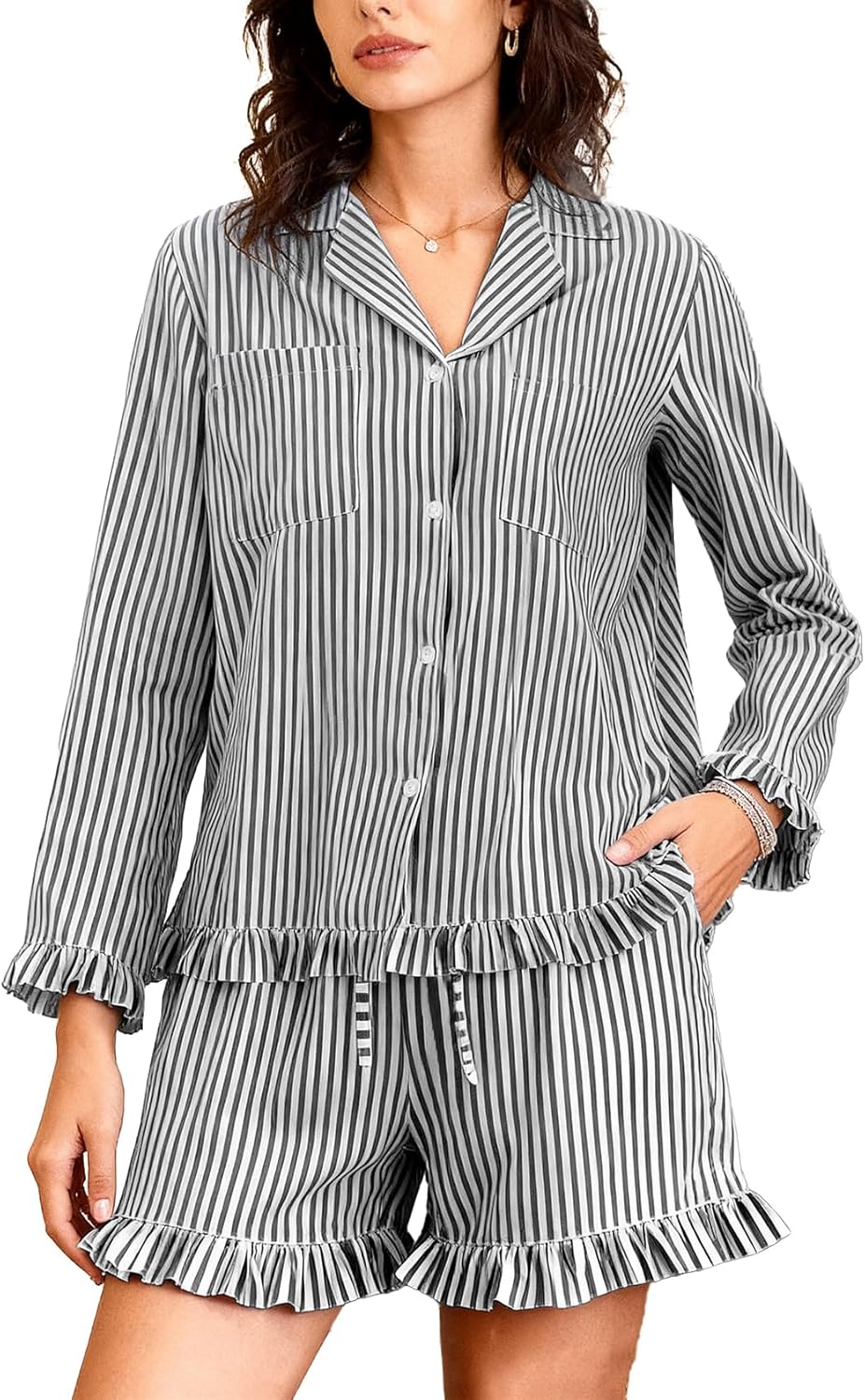 Flygo Womens Striped Pajama Sets 2 Piece Cotton Long Sleeve Tops and Pj Shorts Sets Casual Lounge Button Down Cozy Sleepwear