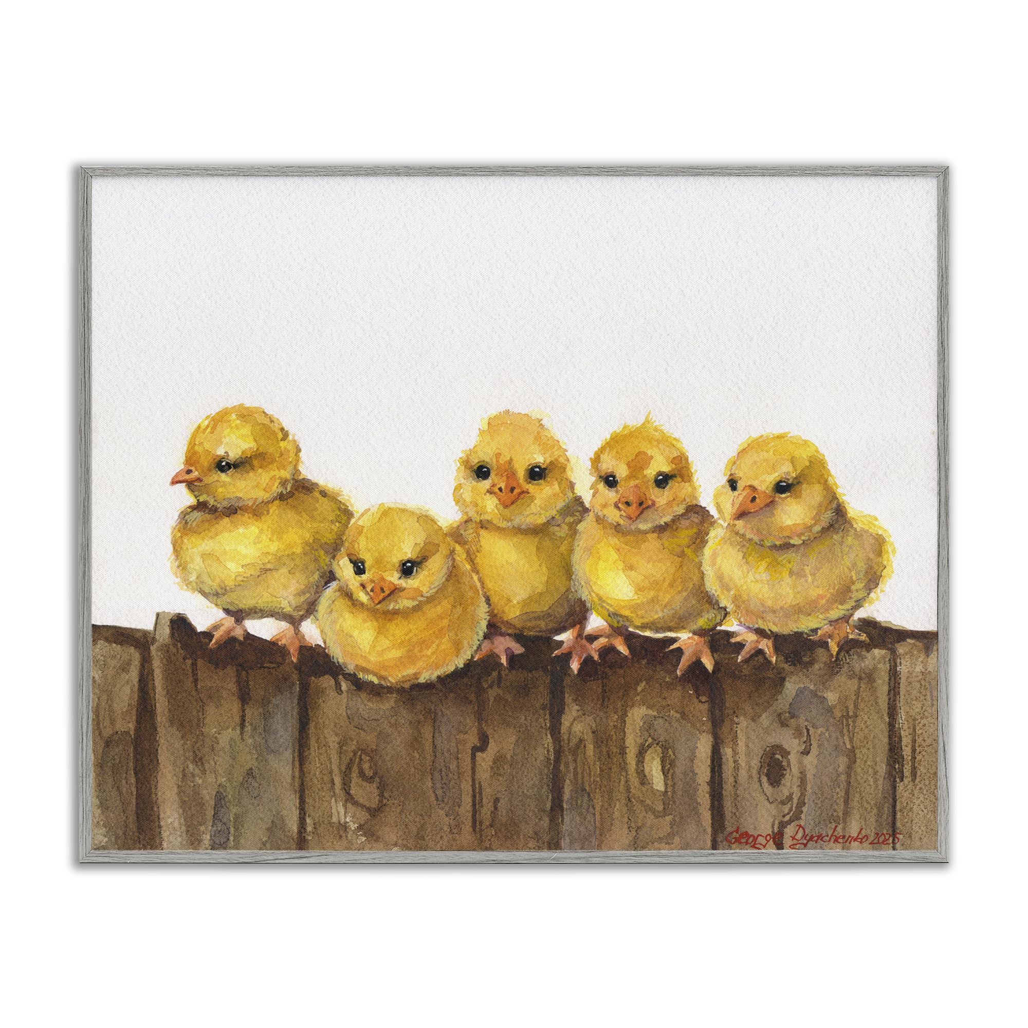 Stupell Industries 'Chicks on the Fence', Framed Giclee Art, Gray, 30 x 24 Inches, Easy to Hang and Sturdy, Made in USA, by George Dyachenko