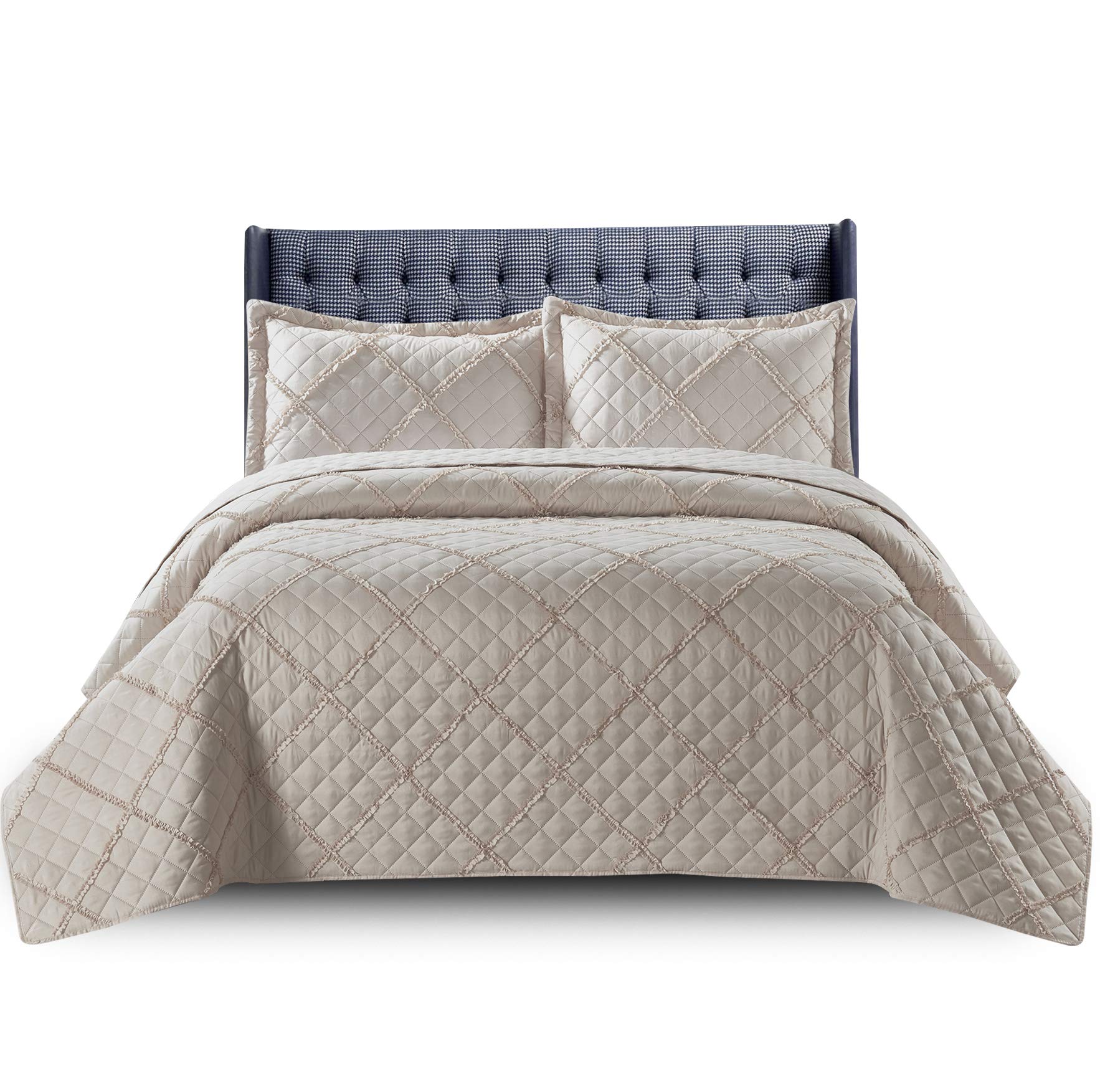 PHP Quilted Bedspread Bed Throws for Room Decor - Quilted Fabric Embossed Striped Pattern Ruffle Design Reversible Quilt Bedspreads Coverlets with Hypoallergenic Pillow Cover (Double, Ruffle Mink)