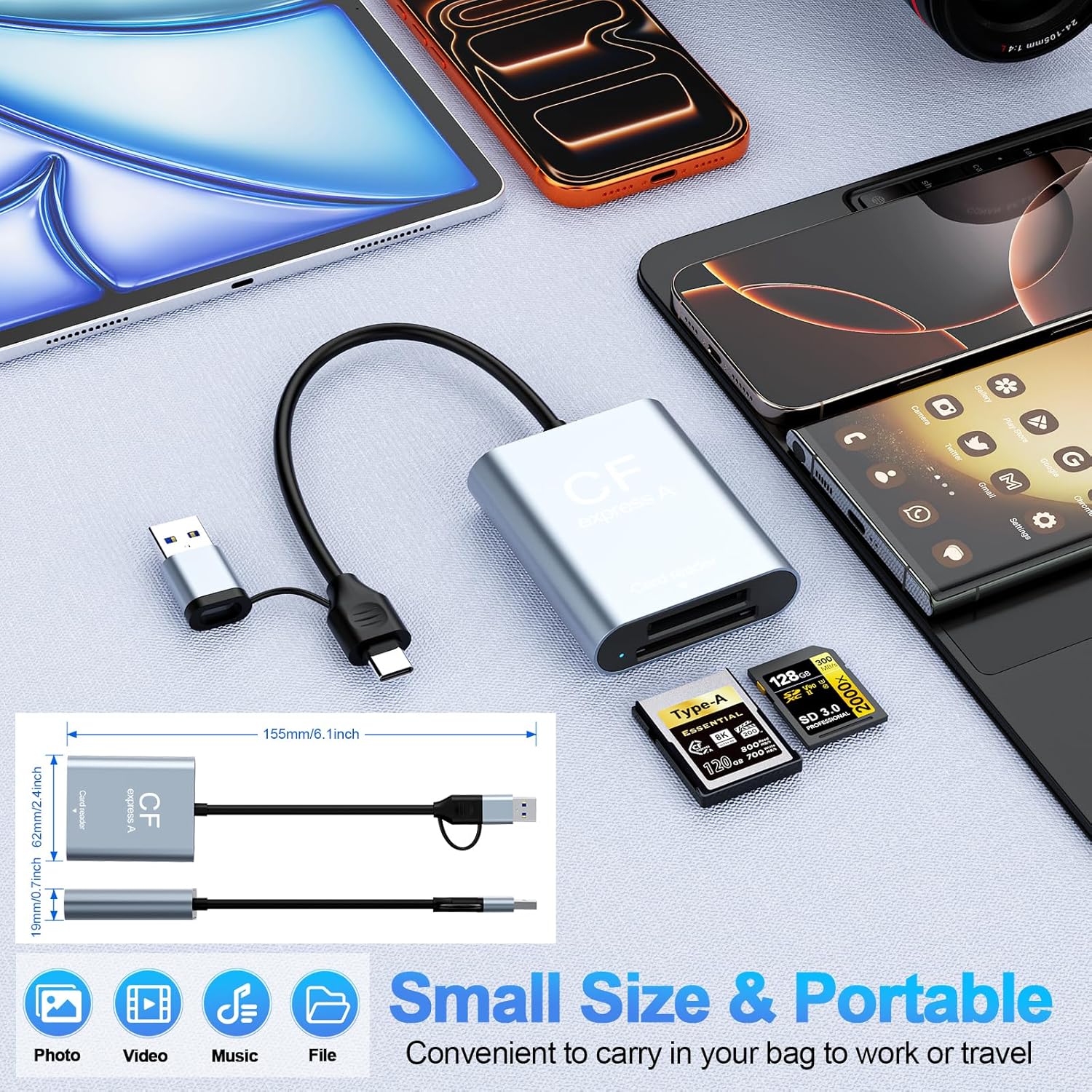 CFexpress Type A & SD Card Reader, USB-C 3.2 Gen 2 10Gbps High-Speed Dual Slot, UHS-II/UHS-I, Aluminum Alloy Memory Card Reader