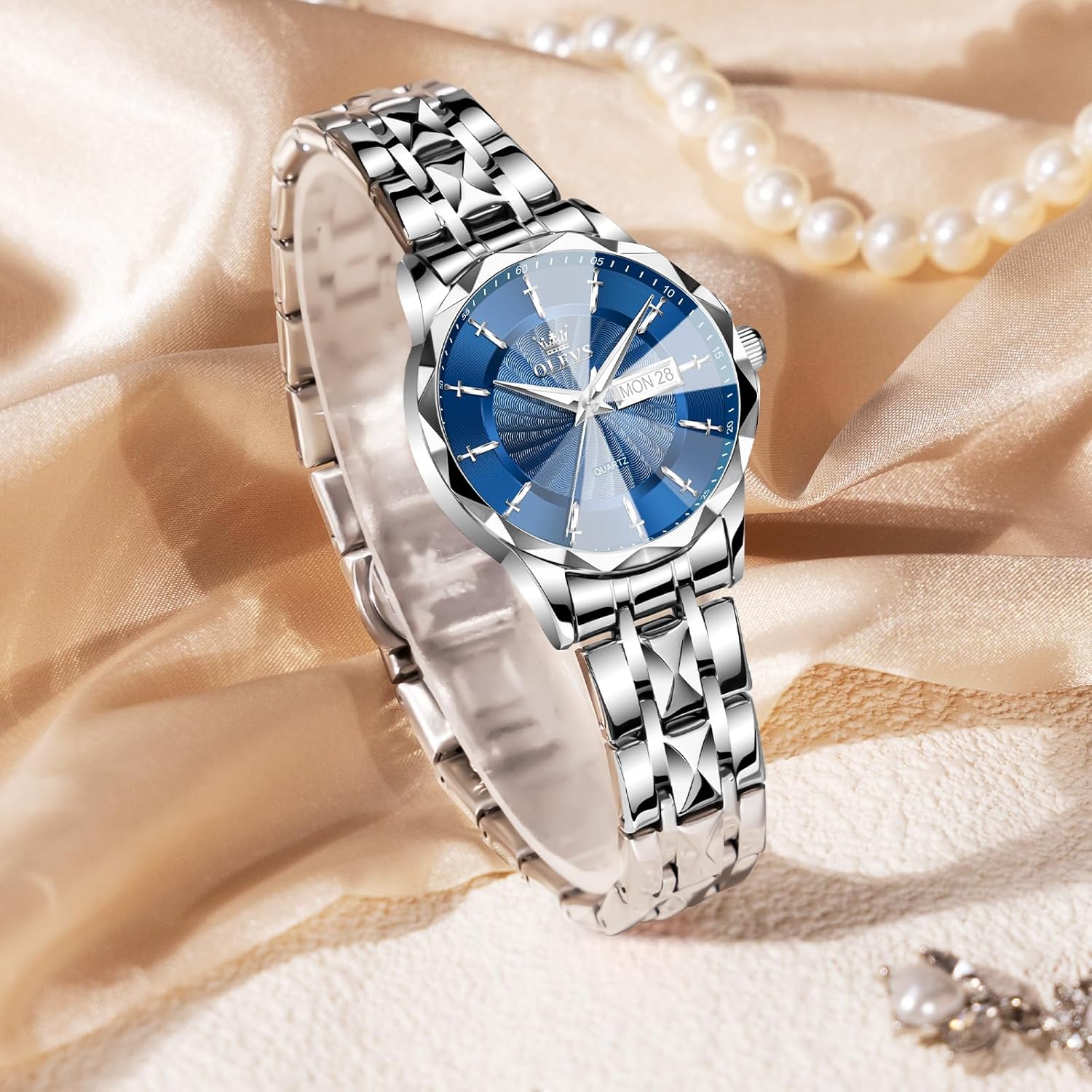 OLEVS Gold Watch for Women Waterproof Small Dial Ladies Watches Stainless Steel Analog Womens Wrists Watches Fashion Luxury Dress Diamond Watches for Women (Gold/Blue/Slive) Dial Gift for Women