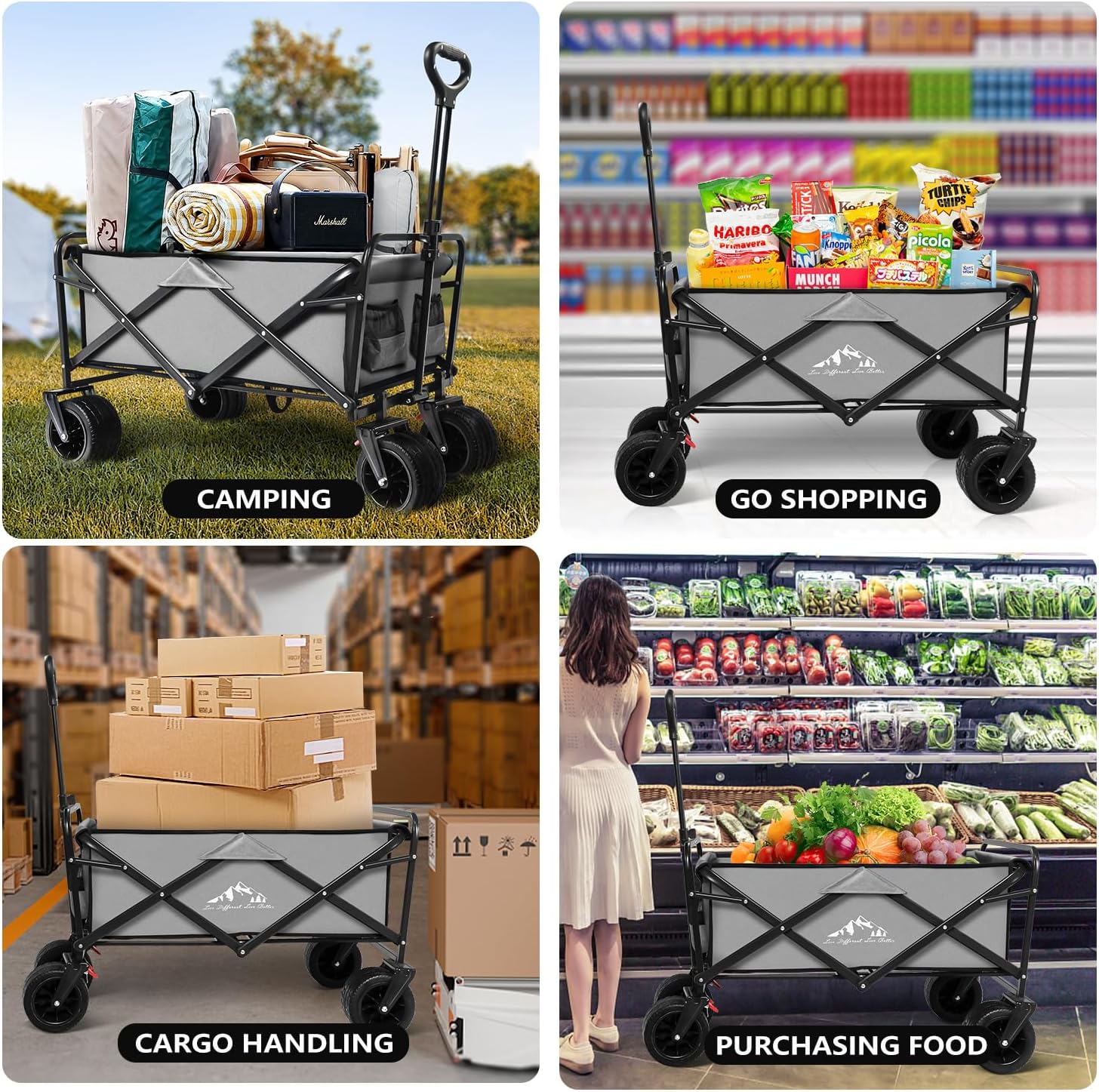 Large Collapsible Wagon Cart Heavy Duty Foldable, Large Capacity Foldable Grocery Beach Wagon for Camping Sports Shopping, Gray