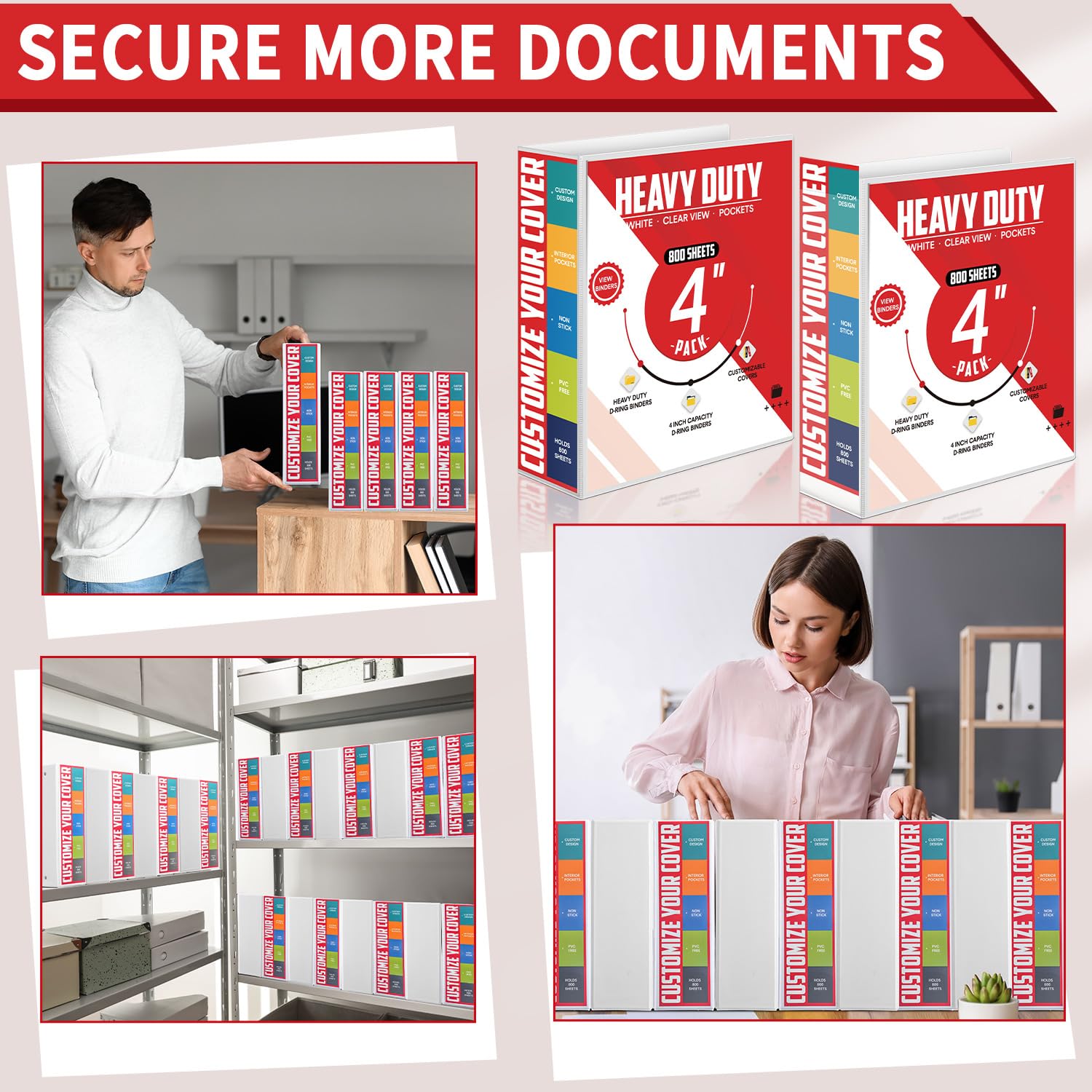 Sinload 4 Stück 10,2 cm große Ringbücher mit Taschen, 3-Ringbuch, 21,6 x 27,9 cm, Präsentationsmappe, Sichtmappe mit anpassbarem transparentem Einband für Dokumente, Akten, Projekte (weiß)