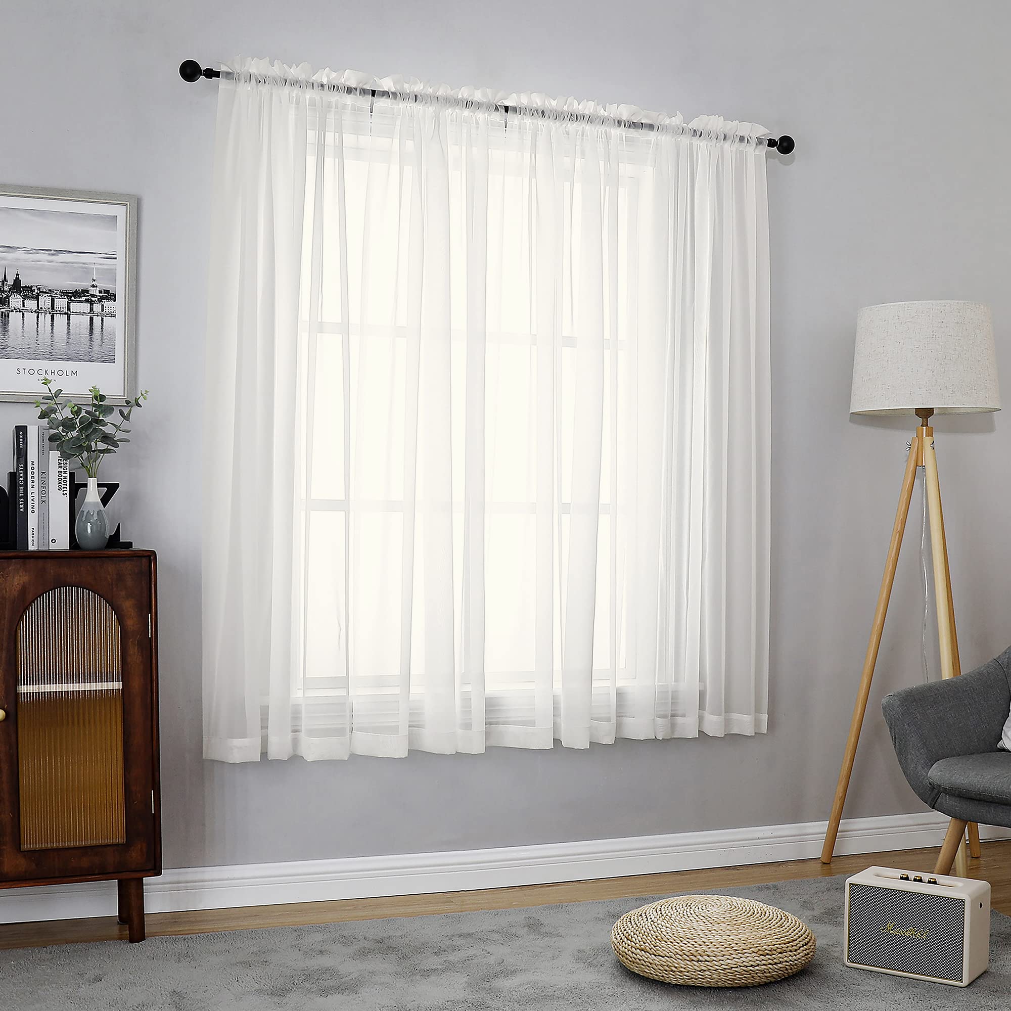 Chyhomenyc Sheer Curtains 63 Inch Length 2 Panels Set, Short Window Curtain Drapes Semi Transparent Voile Rod Pocket Curtains for Dining Bedroom Living Room, Each 42W x 63L inch, Set of 2, Ivory