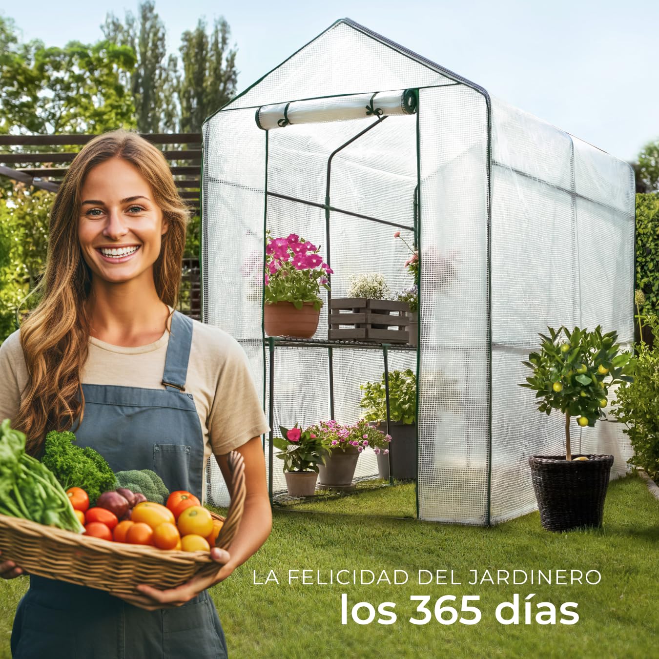 tectake® Invernadero Exterior con 4 Baldas Metálicas de Rejilla, Cubierta de PE contra UVA, Invernadero Terraza 186x120x190cm, Caseta Jardin Exterior con Cuerdas Tensoras y Piquetas, Fácil Montaje