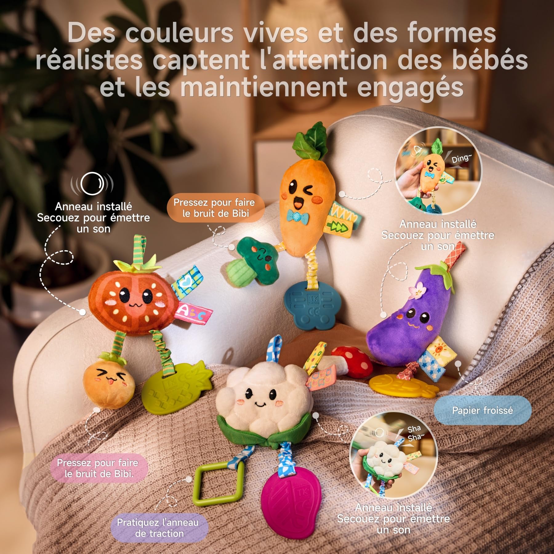 TUMAMA Kids Lot de 4 Hochets à Suspendre pour Bébé - Jouet de Poussette pour Bébés de 0 à 12 Mois, Cadeau Naissance Peluche Bebe Jeux Sensoriel Bebe