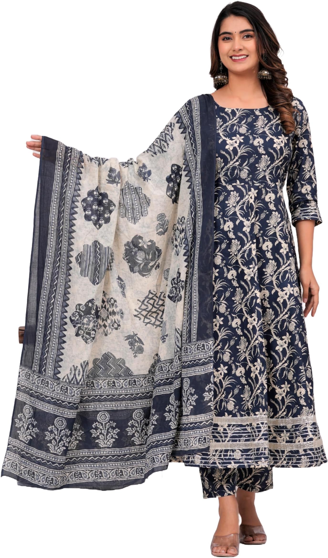 MEERA FABWomen's Cotton Printed Anarkali Kurta with Palazzo & Dupatta Set with Dori