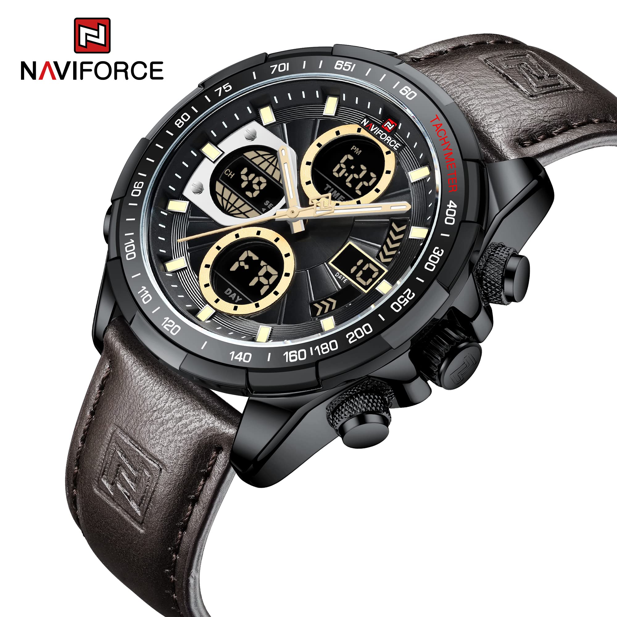 NAVIFORCE Digital Watch Men Luxury Leather Analog Quartz Waterproof Watches Fashion Business Chronograph Military Multifunctional Wristwatch (Black) (Black)