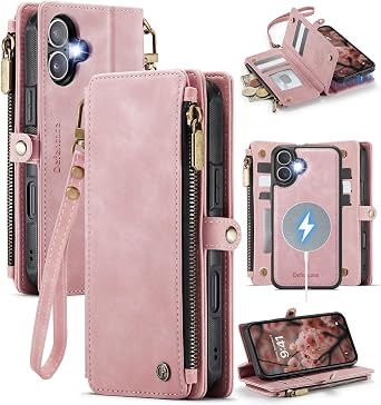Defencase for iPhone 17 Magnetic Wallet Case Compatible with Magsafe with RFID Blocking Zipper Pocket & Card Holder for Women Men PU Leather Strap Detachable Case for iPhone 17 6.3 inch, Rose Pink
