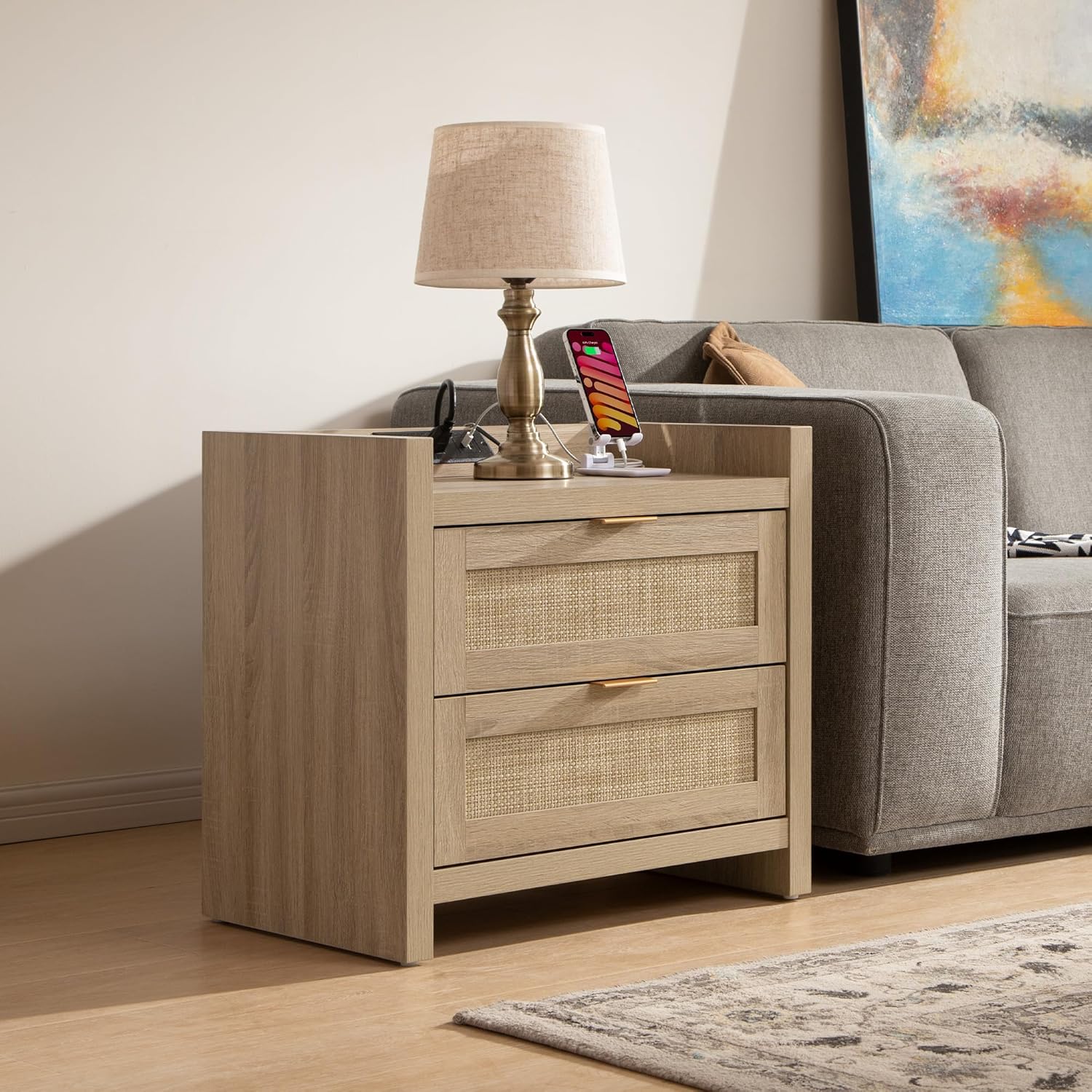SICOTAS Rattan Nightstand Bedside Table - Night Stand with Type-C Charging Station, 2 Drawers Storage - Boho Night Stands End Table for Bedroom - Light Oak