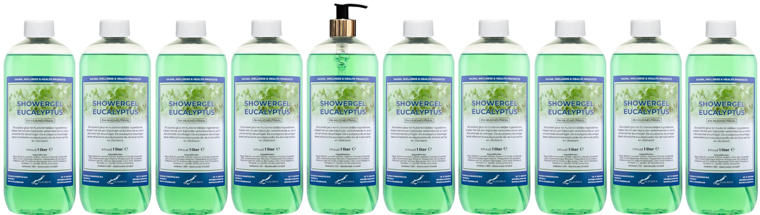 Duschgel Eukalyptus 10 x 1 Liter mit goldener Pumpe (transparent)