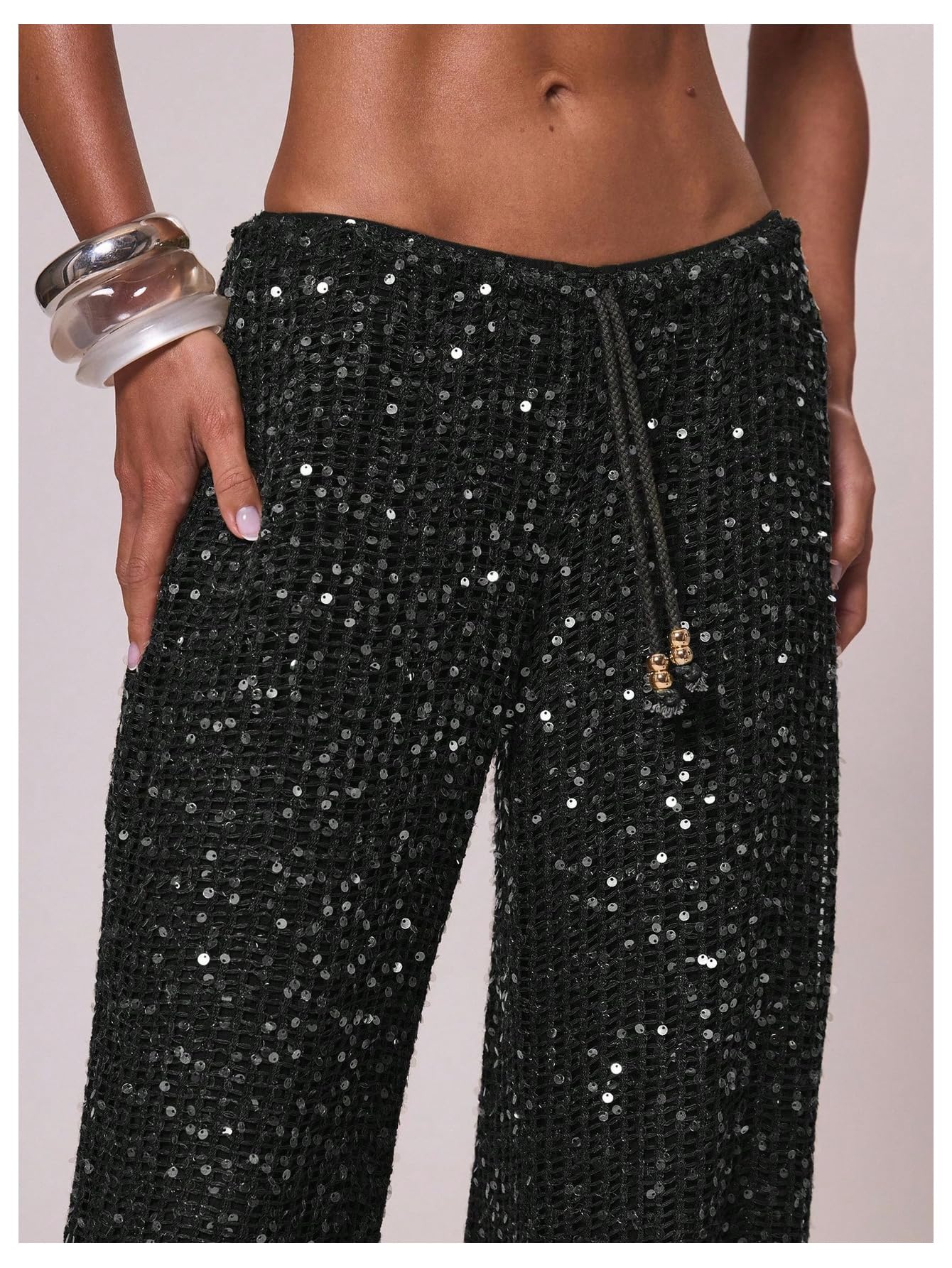 Pantaloni Copricostume all'Uncinetto con Paillettes da Donna Spiaggia Scavati Costumi Bagno Marrone X-Small