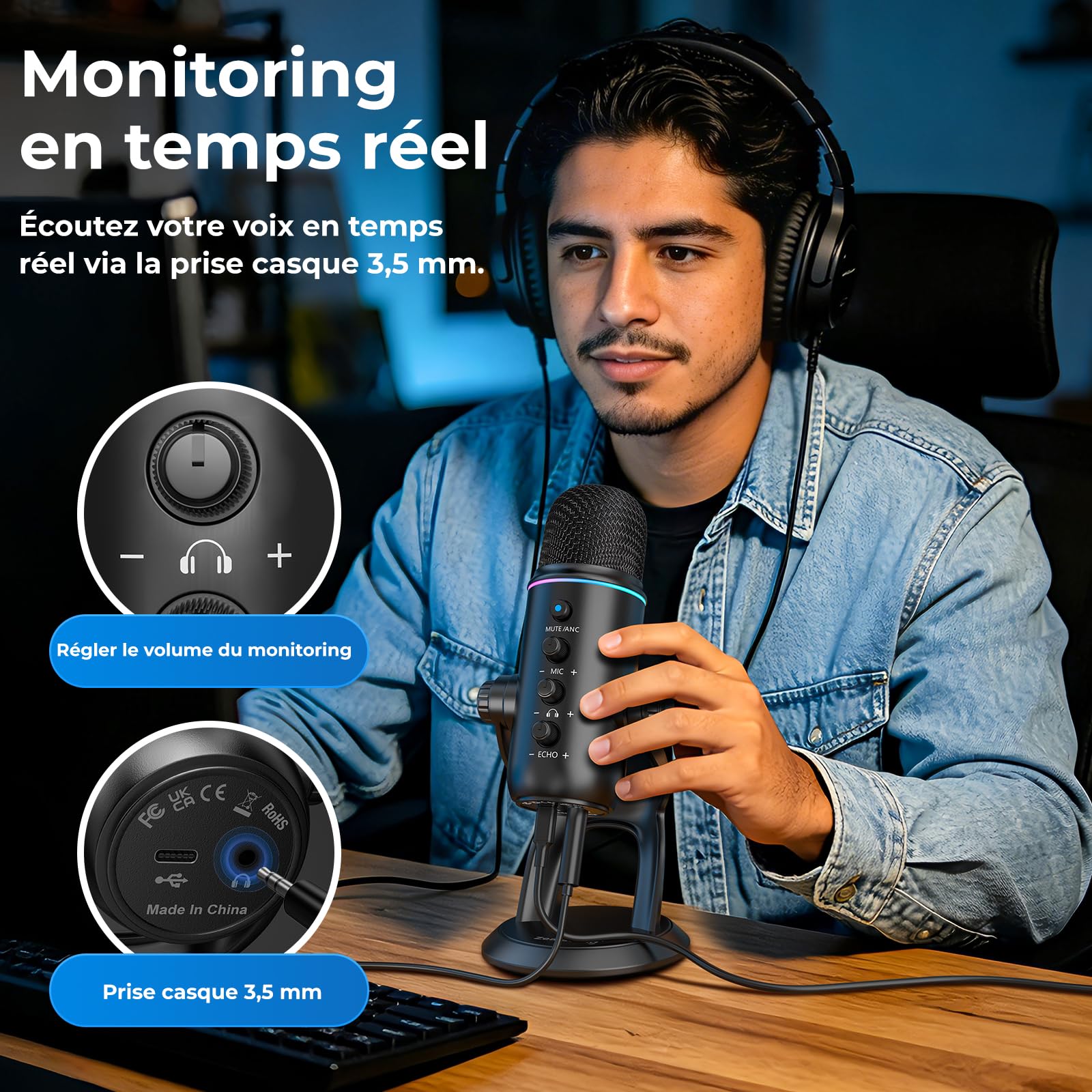 zealsound Microphone USB à Condensateur pour PC avec Réduction du Bruit, Z5 | Podcast Micro pour PC & Téléphone, avec Muet, Contrôle du Gain et Moniteur, Enregistrement, Streaming, Gaming, ASMR, Créateur