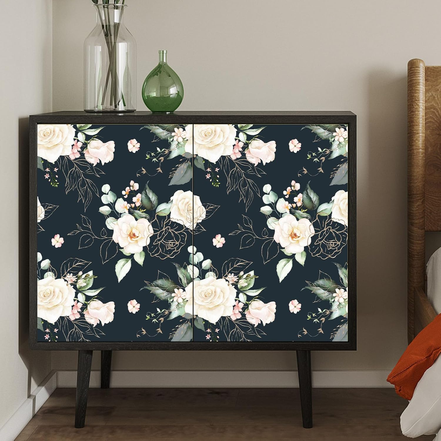 Floral Wallpaper Paper Peel and Stick Black Contact Paper Removable Gold Leaf Easy Peel Off Vinyl Wallpaper Self Adhesive for Bedroom Living Cabinet Room 17.7in x 32.8ft
