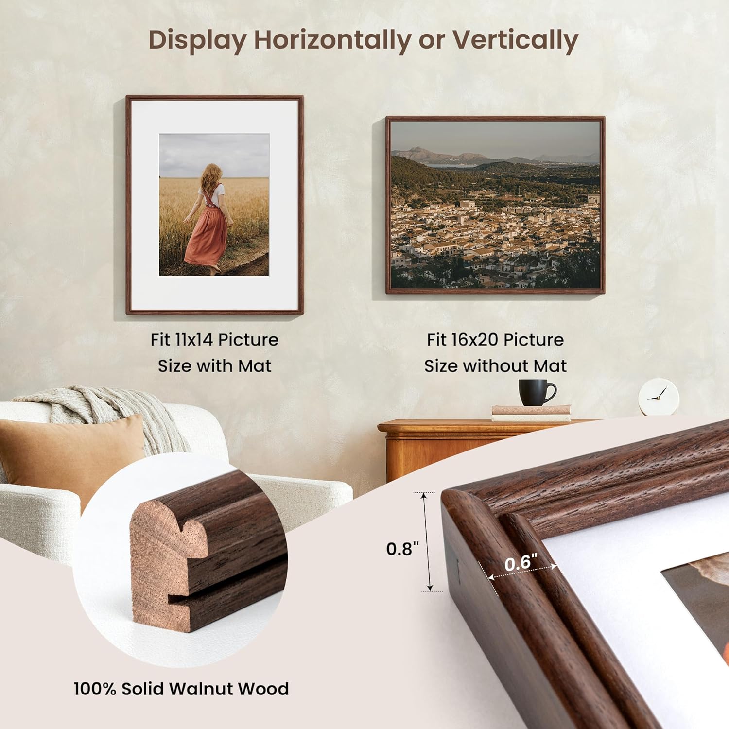 16X20 Picture Frame, Natural Solid Walnut Wood Photo Frame with High Tempered Glass, Handcrafted Rounded Corner 16 by 20 Wooden Frame Matted to 11x14 for Horizontal or Vertical Wall Mounting - Image 4