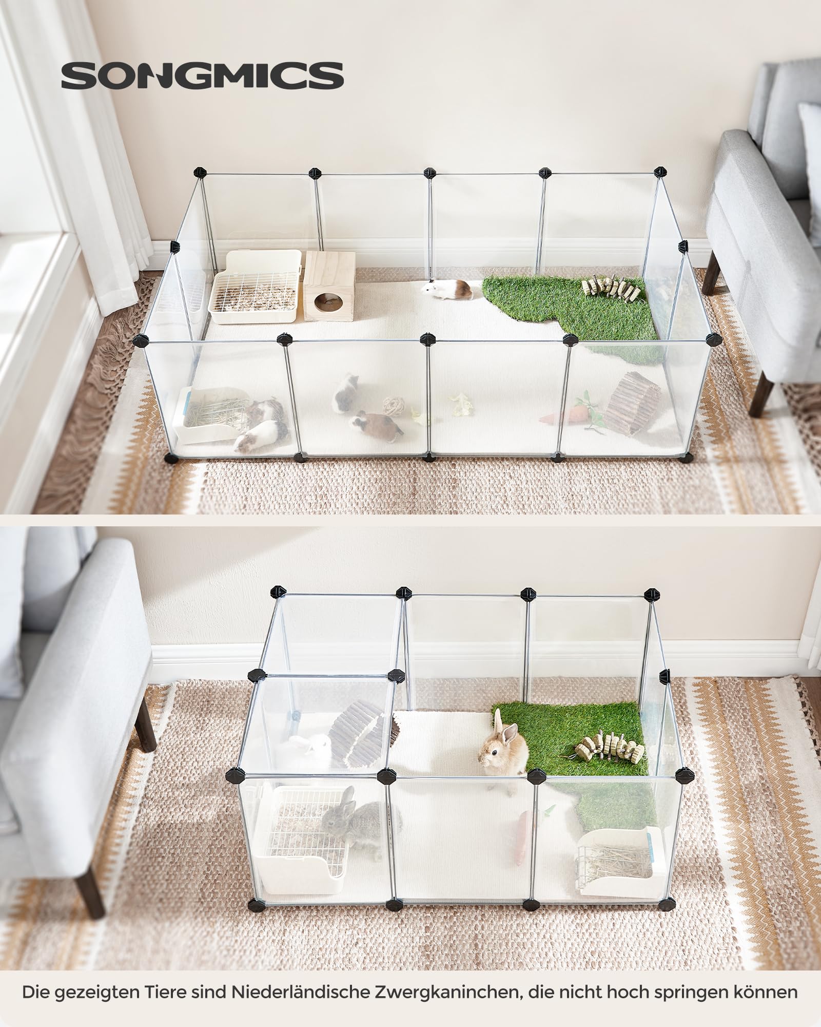 SONGMICS Freigehege mit Bodenplatten, Laufstall, Meerschweinchen Gehege, aus Kunststoff, Gehege für Hamster, Kaninchen, Igel, 140 x 70 x 45 cm, weiß LPC02W