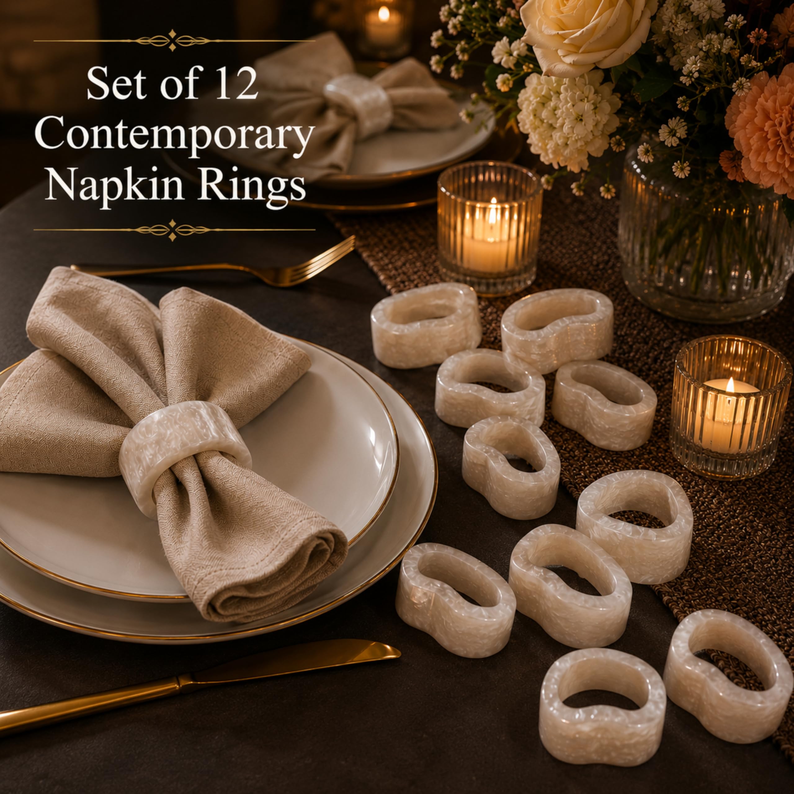 Portatovaglioli in resina resistente per decorazioni da tavolo chic, finitura liscia contemporanea, design per occasioni speciali, accessori da pranzo versatili e moderni, set di 12 (bianco