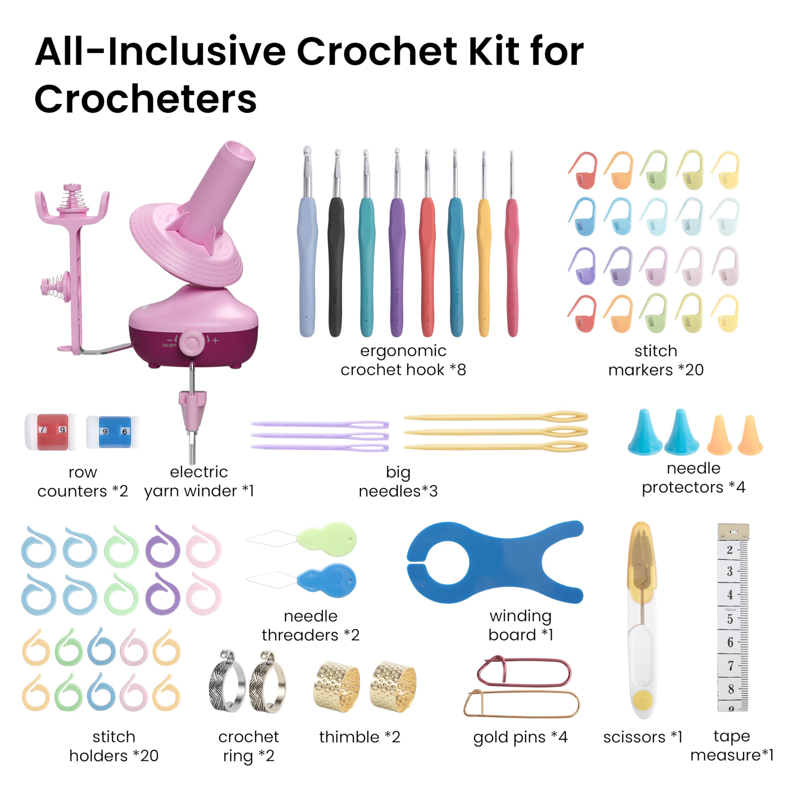 Etcokei Kit de Crochet avec Dévidoir, Dévidoir Électrique pour Pelotes de Fil pour Tricot, Spinner de Fil Automatique avec Set de Crochets, Accessoires et Fournitures de Crochet