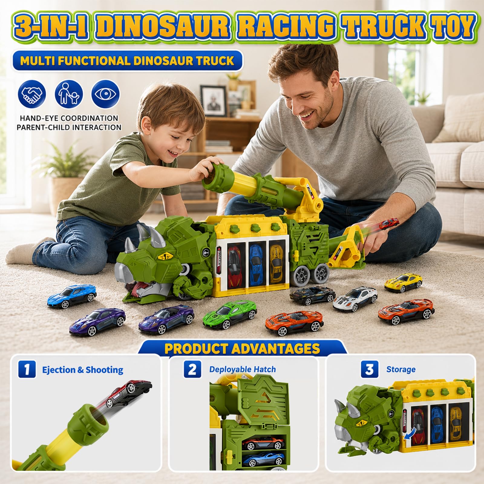 Camion Dinosaure Jouet Lanceur 12 Mini Voitures Garage Pliable Cadeau