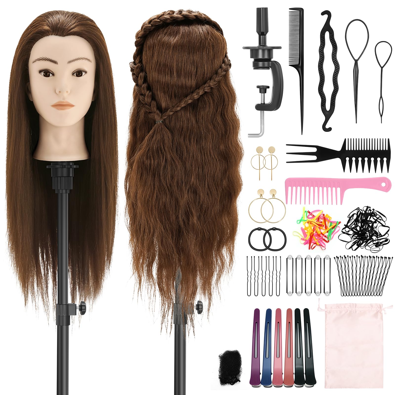 Cabeza de peluquería de pelo real, cabeza de entrenamiento con 90% pelo humano 61 cm/24 pulgadas, cabeza de maniquí, cabeza de maniquí, cabeza de maniquí para peluquería, cabeza de muñeca con