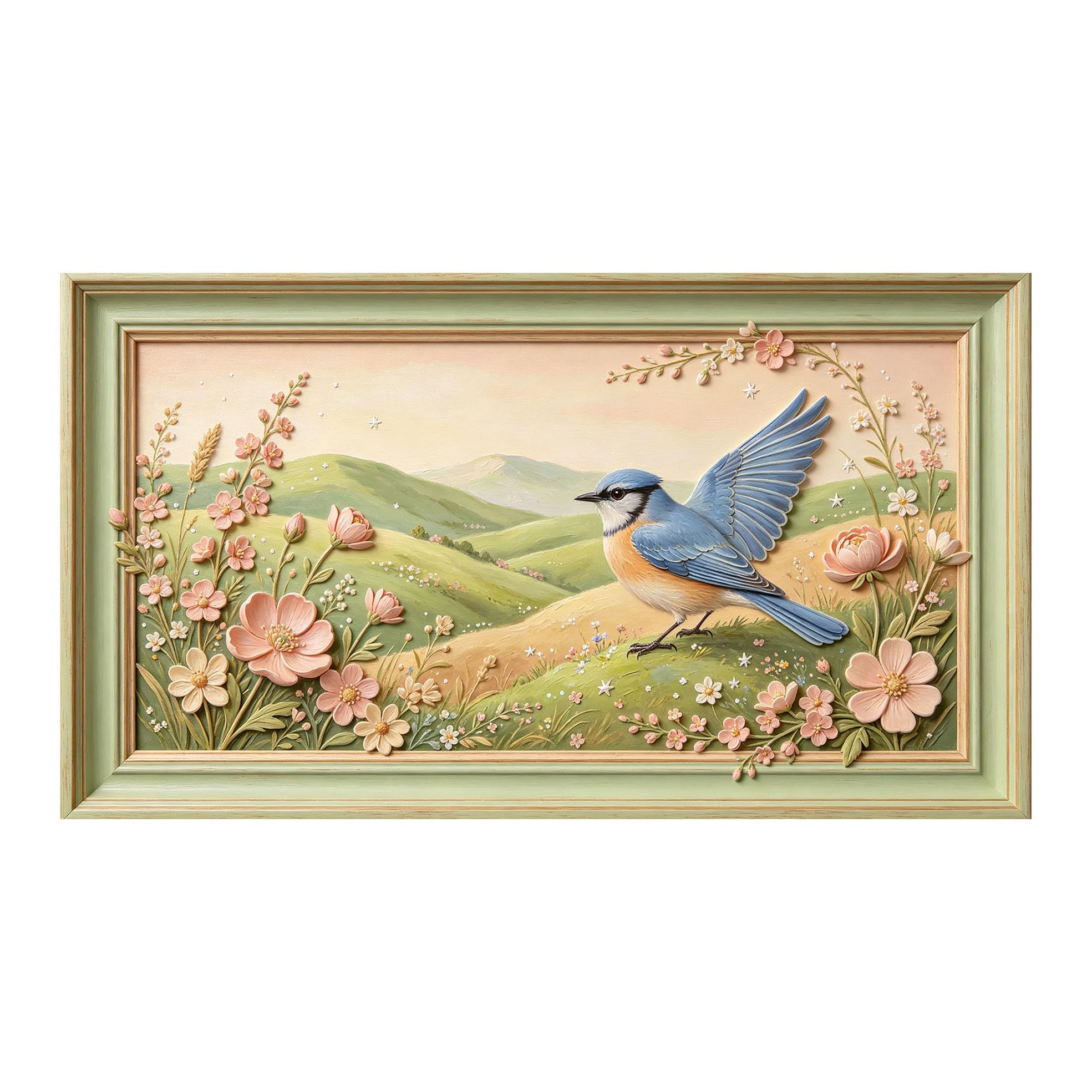 Yzpallescene 3D 3D Framed Wall Art 50cm×90cm Bluebird Meadow Floral Landscape Pastoral Style Large Size SelfAdhesive Removable Wall Decor Prints Artwork for Living Room Bedroom Office