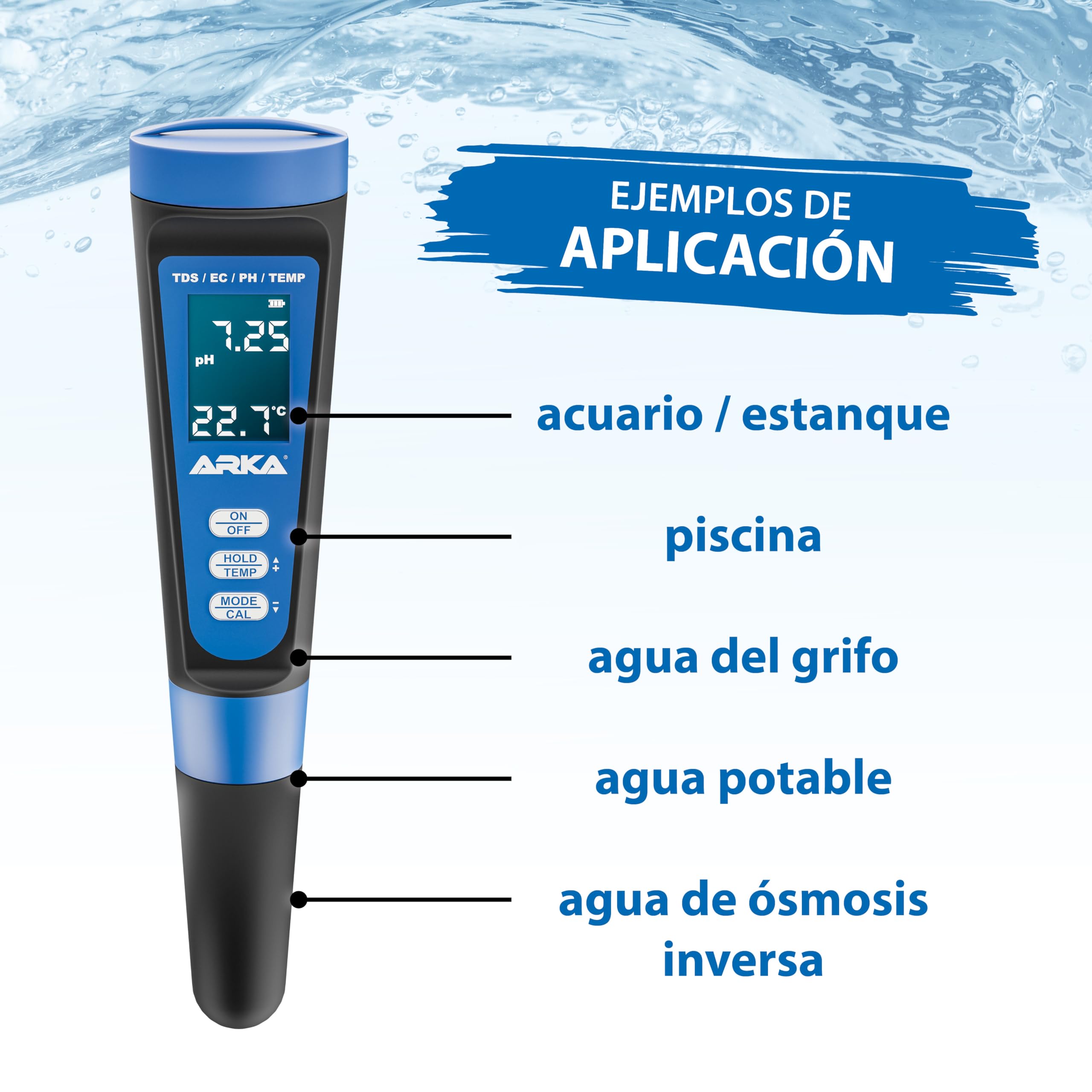 ARKA myAQUA medidor de pH/TDS/EC - medidor de la Calidad del Agua para pH, TDS, EC y Temperatura, Incl. solución de calibración, Ideal para acuarios, Piscinas, estanques y Agua Potable