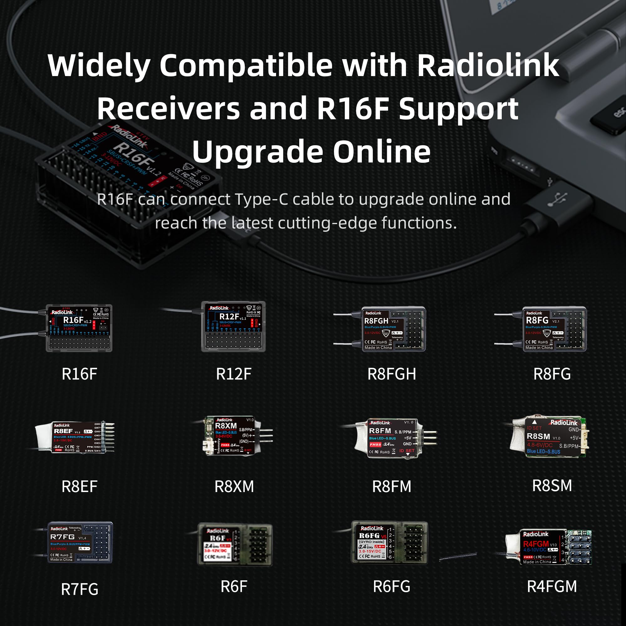 Radiolink T16D connected to a computer running various FPV drone and RC aircraft simulators like TRYP FPV, AeroFly, Liftoff, FPV Logic, Uncrashed, and VelocidroneZ
