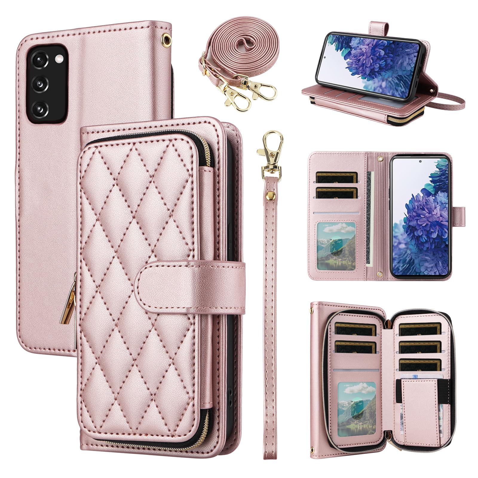 Furiet Wallet Case for Samsung Galaxy S20 FE 5G 6.5 inch with Wrist Strap, 9+ Card Slots Zipper Purse, PU Leather Stand Phone Cover for S 20 EF UW