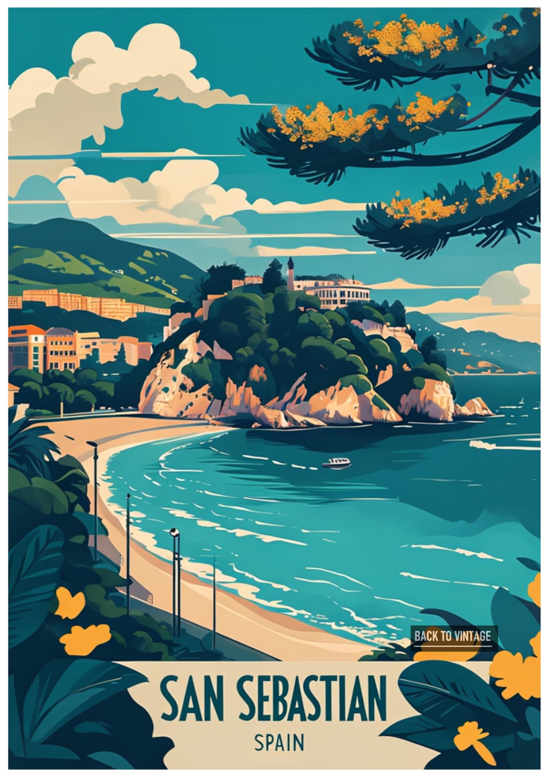 Back To Vintage Multicoloured Vibrant Vintage Poster Depicting San Sebastian Coastal Beauty - Retro Europe Travel Poster A4 Size Vintage Wall Art Print Of Famous European Destinations Ideal For Home Or Office Decor