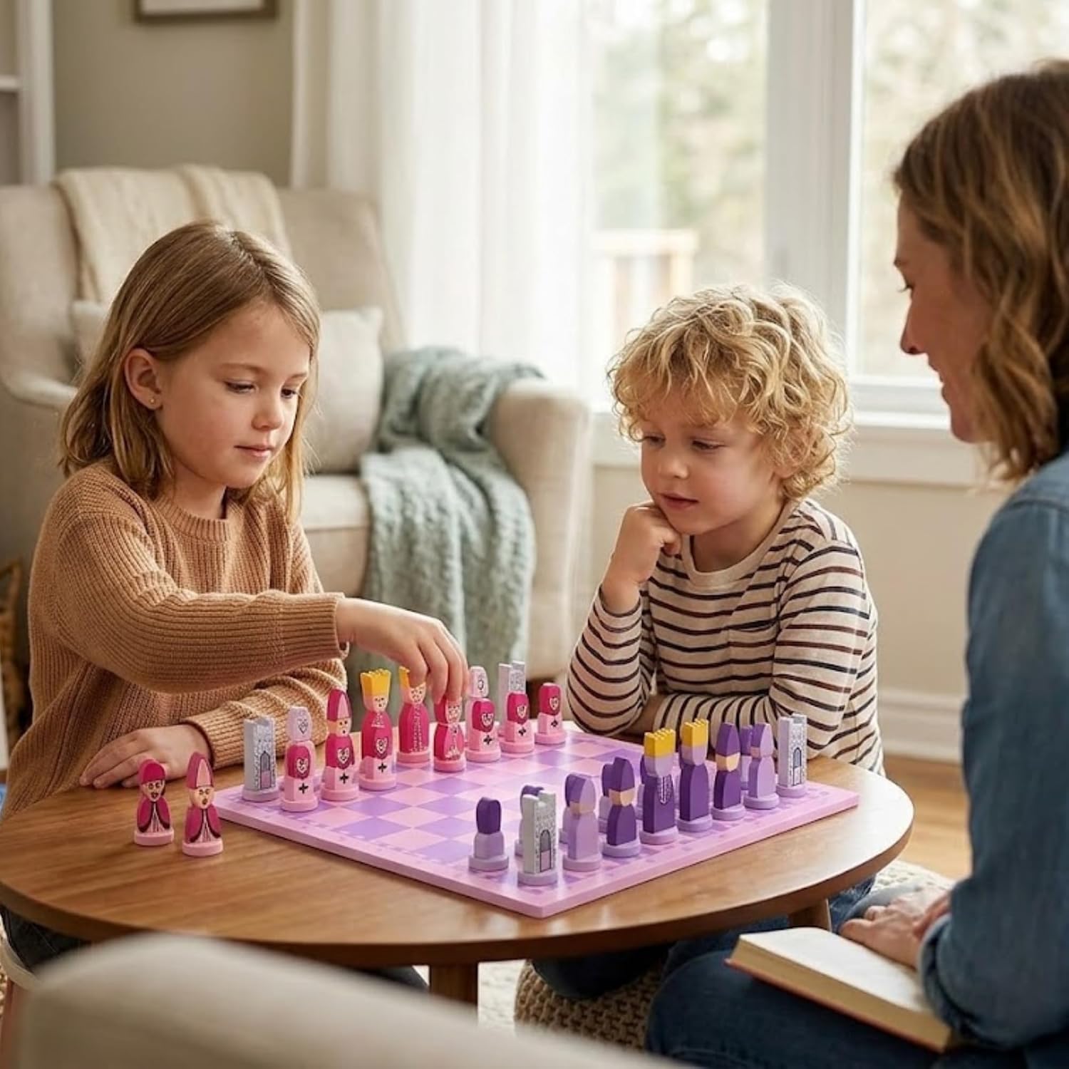 Pink Chess Set Wooden with Board Educational Adults, Cartoon Board Game Cute image 2