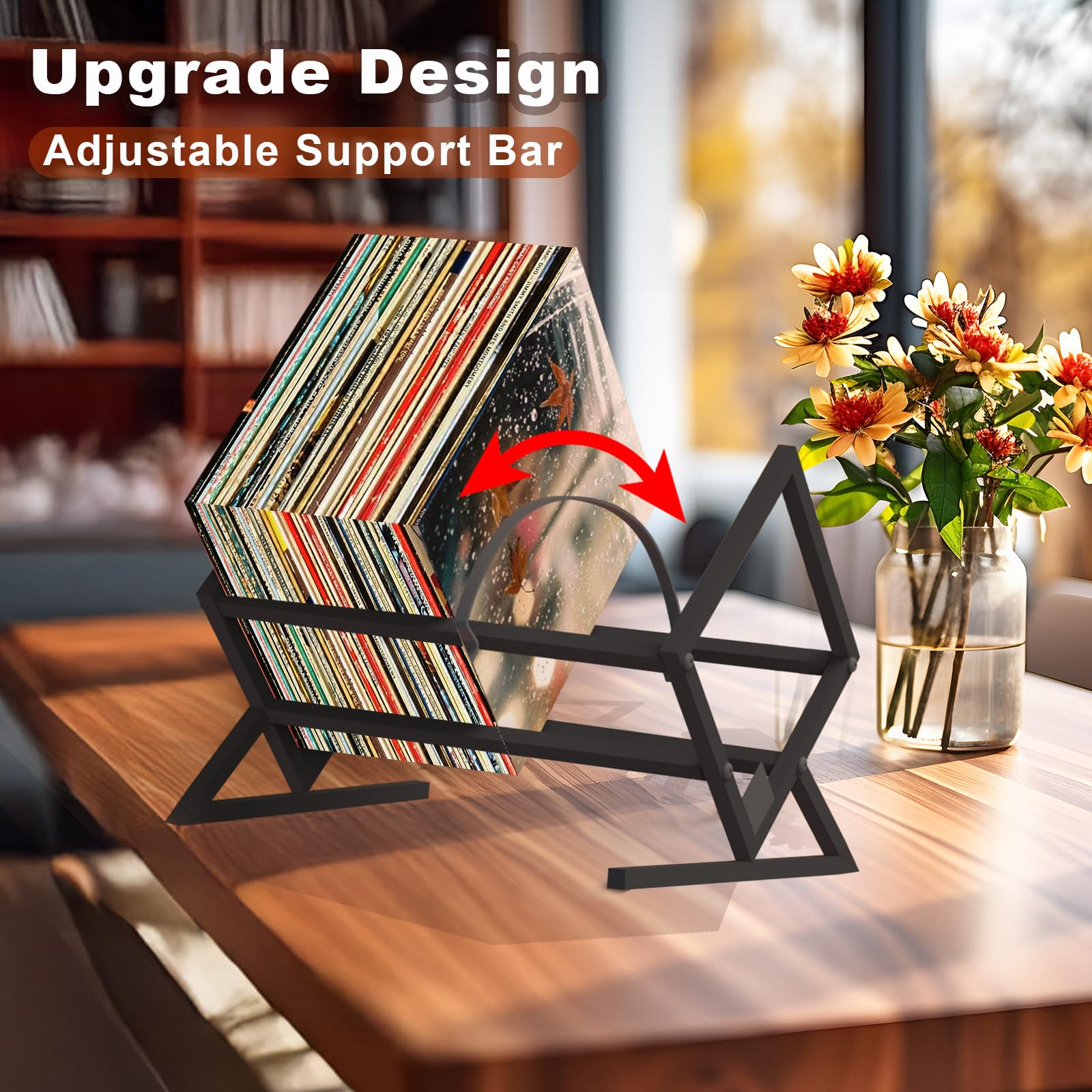 GHWMYD Vinyl Record Holder Shelf for 80-100 LPs Storage, Multiuse Record Rack Stand for Vinyl Display and Desk Organization, Retro Sleek Matte Black Crate for Magazine, Book, Files, Albums