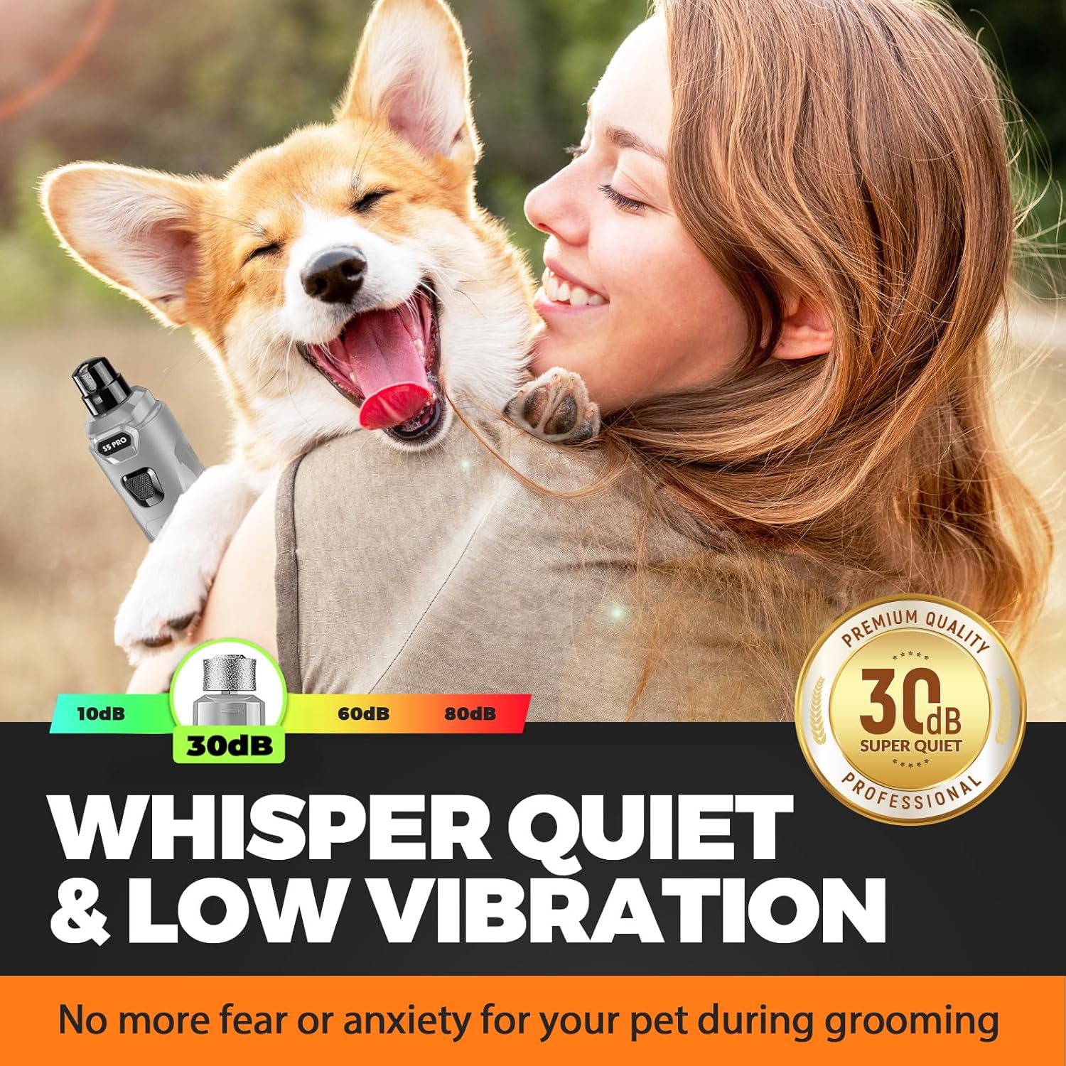 Whisper Quiet Dog Nail Grinder with LED Light, Safe & Stress-Free for Sensitive Dogs of All Breeds & Sizes, 3 Grinding Bits, 3-Speed, Pet Nail Trimmers, Rechargeable Painless Grooming Kit Grey