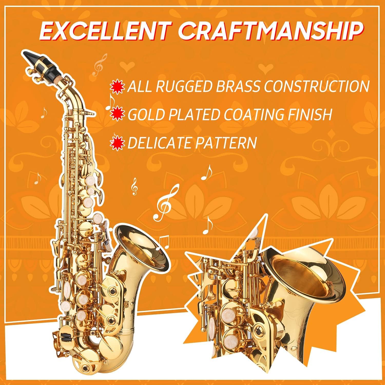 Sassofono, Sassofono Soprano in SIB Lacca Dorata Sax in Ottone con Custodia per Strumento Bocchino Tracolla Panno per Pulizia Spazzola per Musicisti Principianti