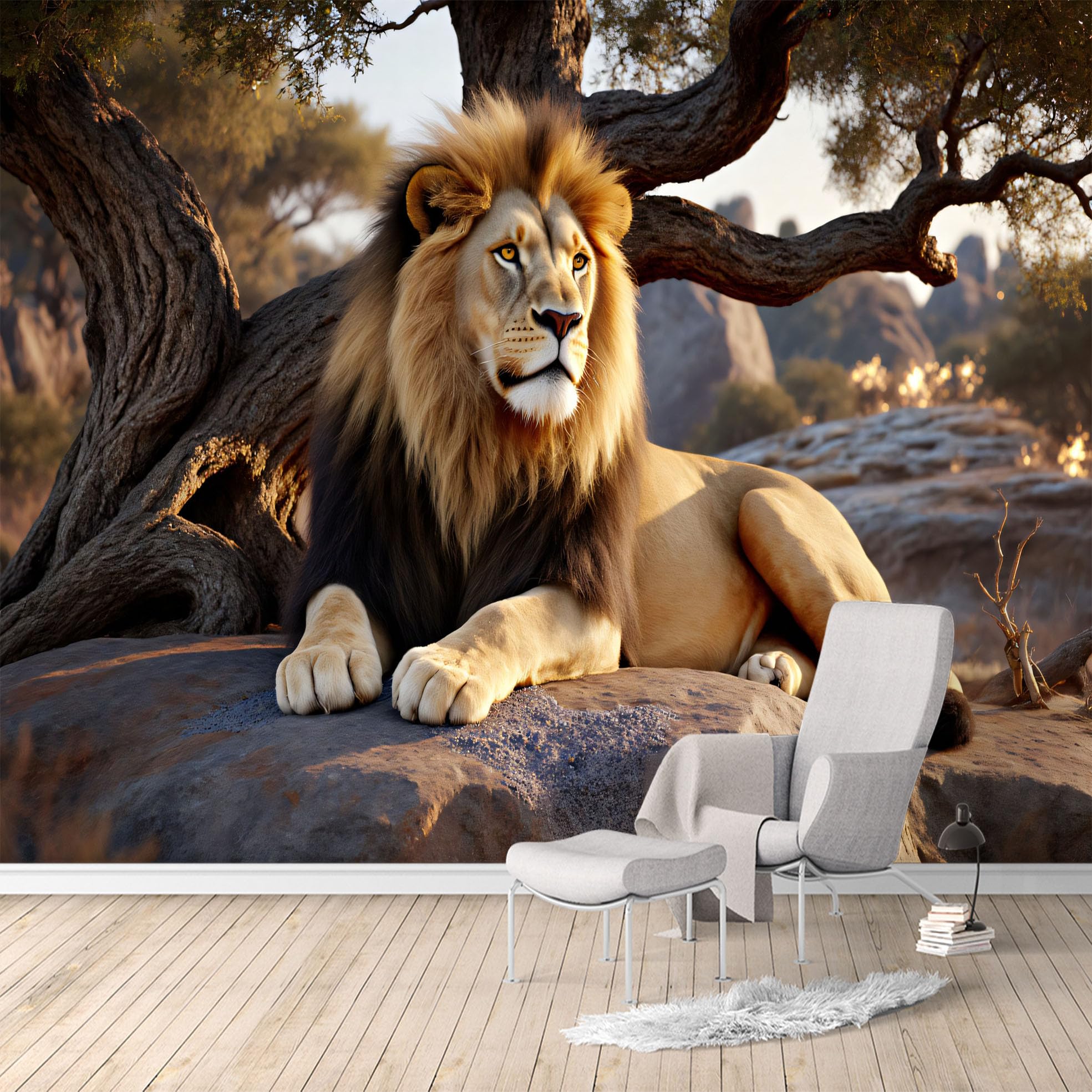 Custom Size Wall Murals,Majestic Lion Savannah Tree Wildlife Nature Landscape,Removable Self Adhesive Large Wallpaper Mural for Living Room Bedroom Office Home Decor