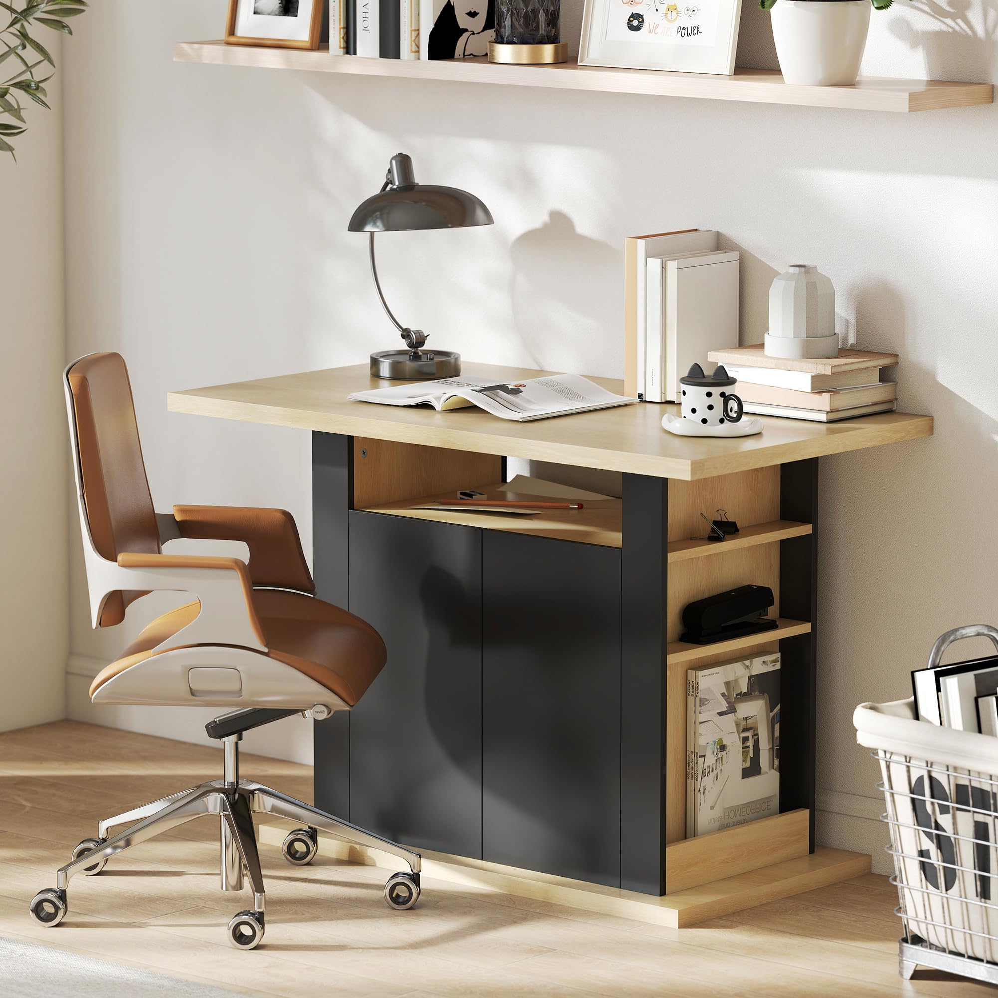 HOMCOM Îlot Central Cuisine Table à Manger Meuble de Rangement avec Grand Plan de Travail 4 Personnes - Placard 4 Portes et étagères - en Bois - 110 x 70 x 75,5 cm Noir et Naturel